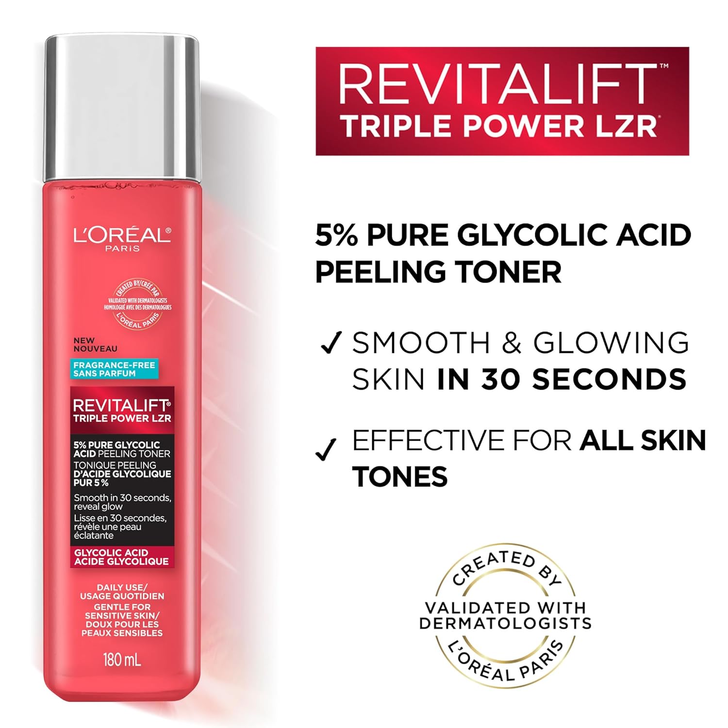 L'Oréal Paris Revitalift red peeling toner bottle with glycolic acid, 180 ml