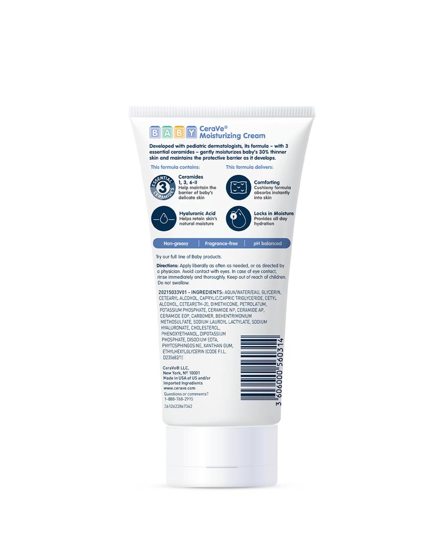CeraVe Baby Moisturizing Cream, 5 ounce tube, gentle skincare for infants