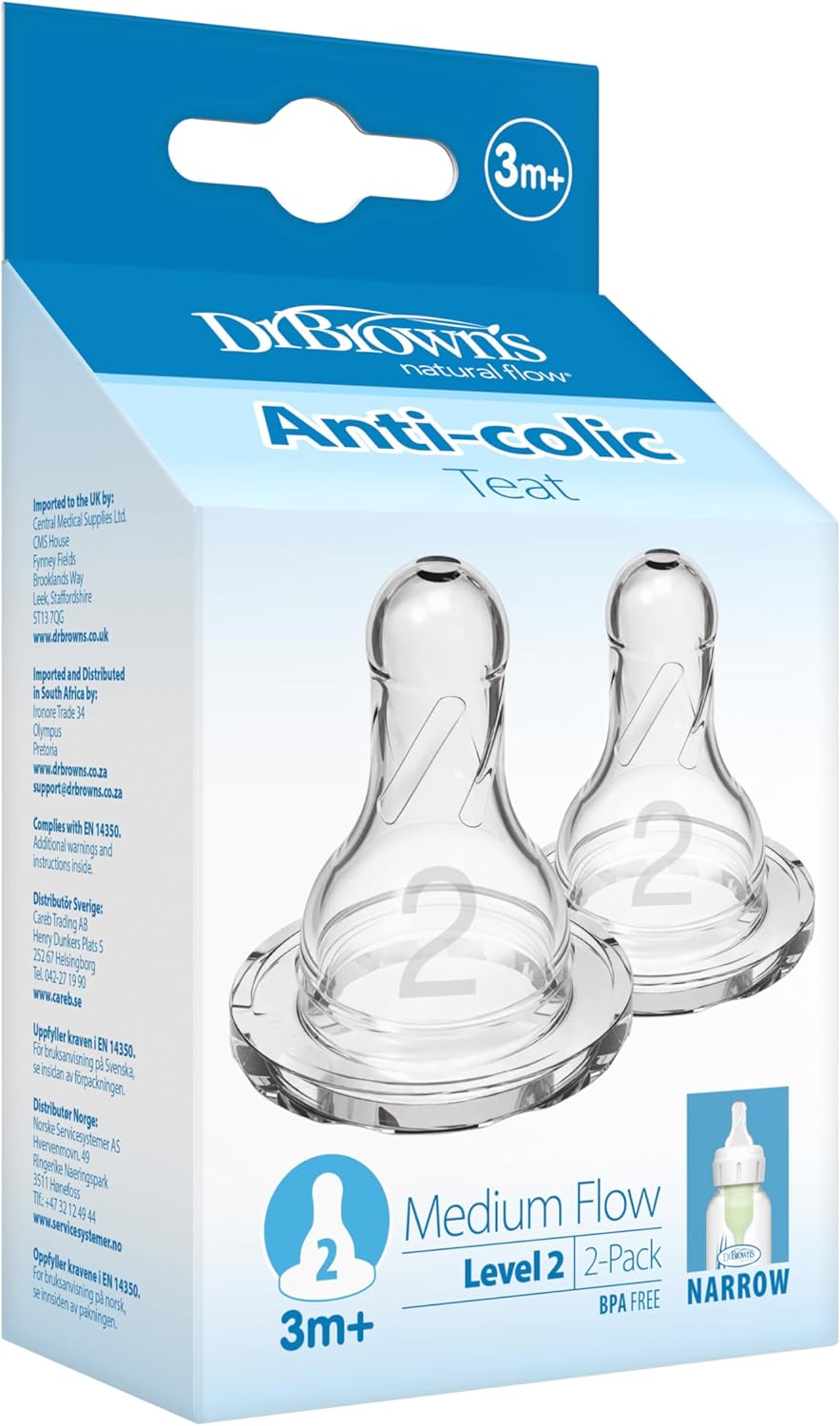 Dr Brown's Natural Flow Level 2 narrow nipples, set of 2, clear, 3 months plus