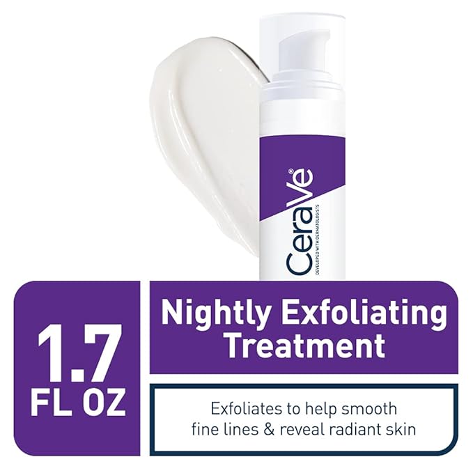 CeraVe Nightly Exfoliating Treatment 50ml purple pump bottle with white cream swatch