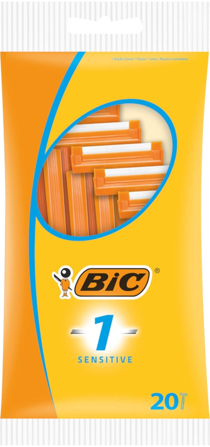 BIC 1 Sensitive single disposable razors, pack of 20, orange stainless steel