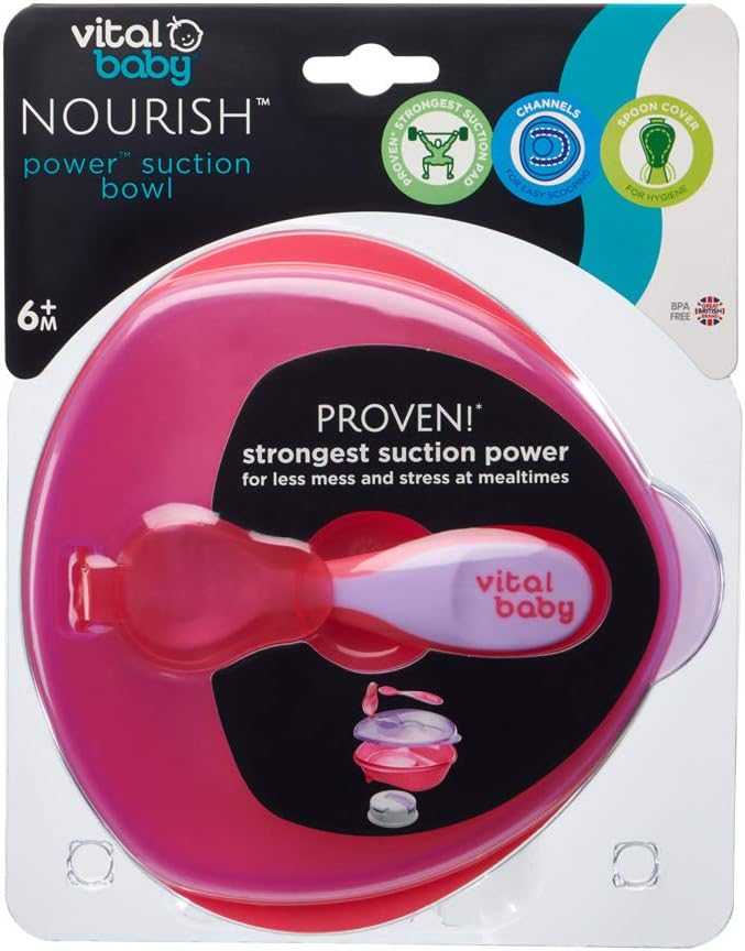 Vital Baby Nourish pink power suction bowl with spoon, 6 months plus