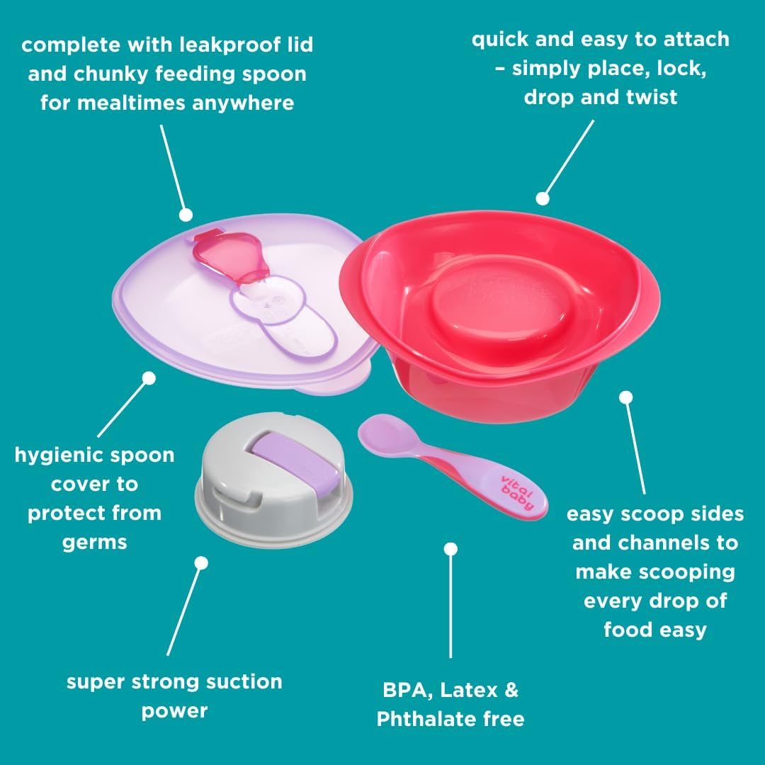 Vital Baby Nourish Power Suction Bowl Fizz with lid and spoon pink and purple