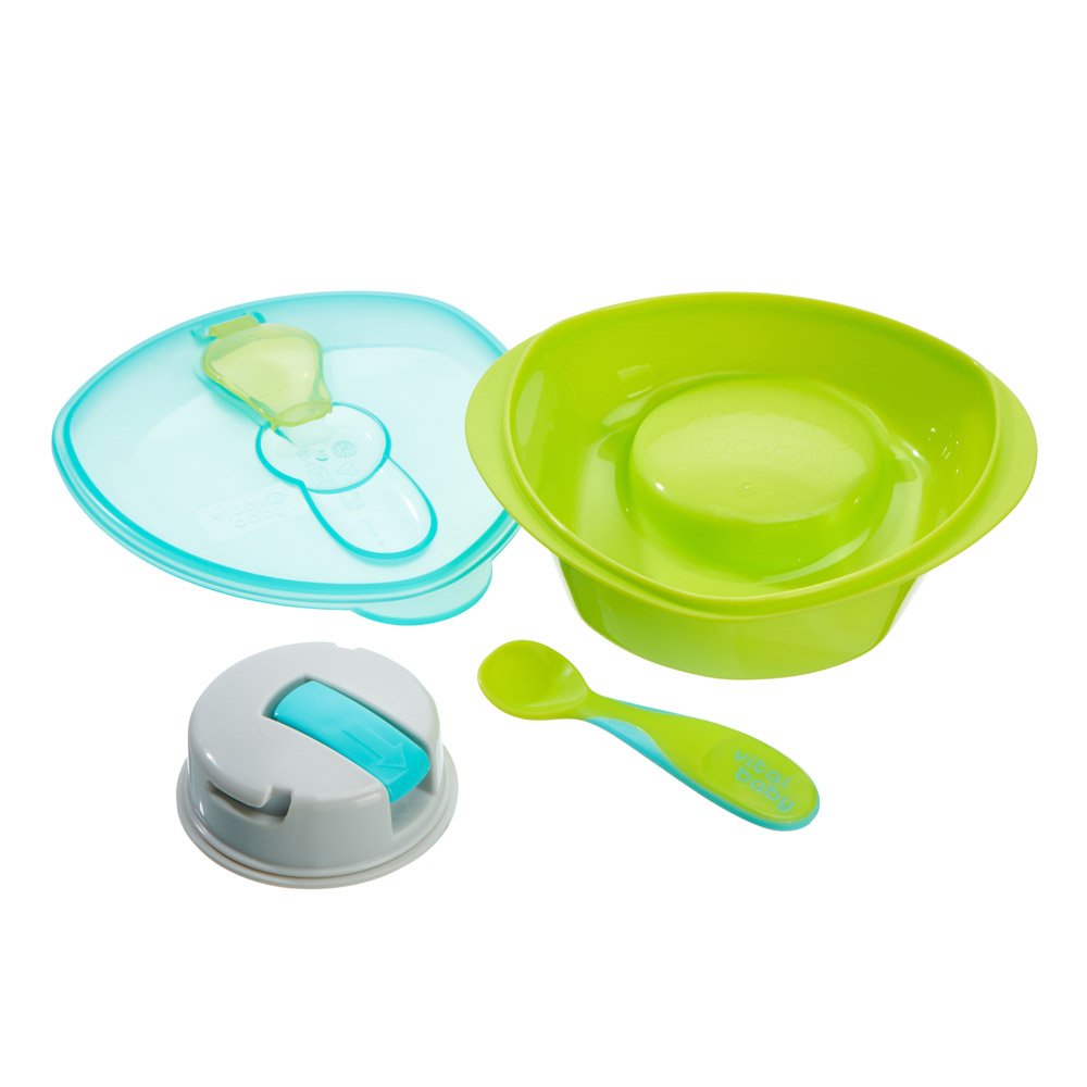 Vital Baby NOURISH Scoop Feeding Set with turquoise and lime green bowls, spoon and scoop