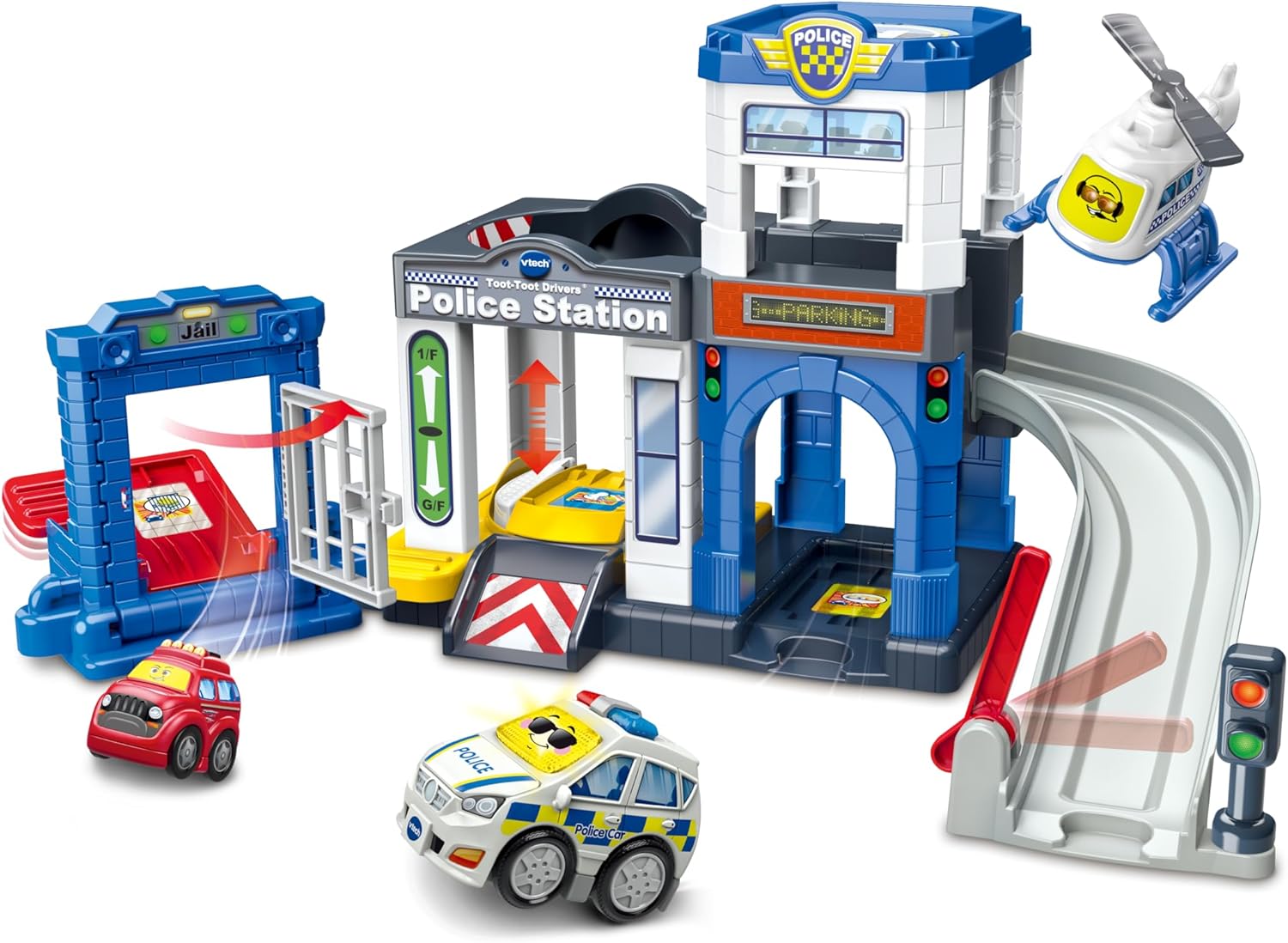 VTech Toot-Toot Drivers blue and white police car with station playset
