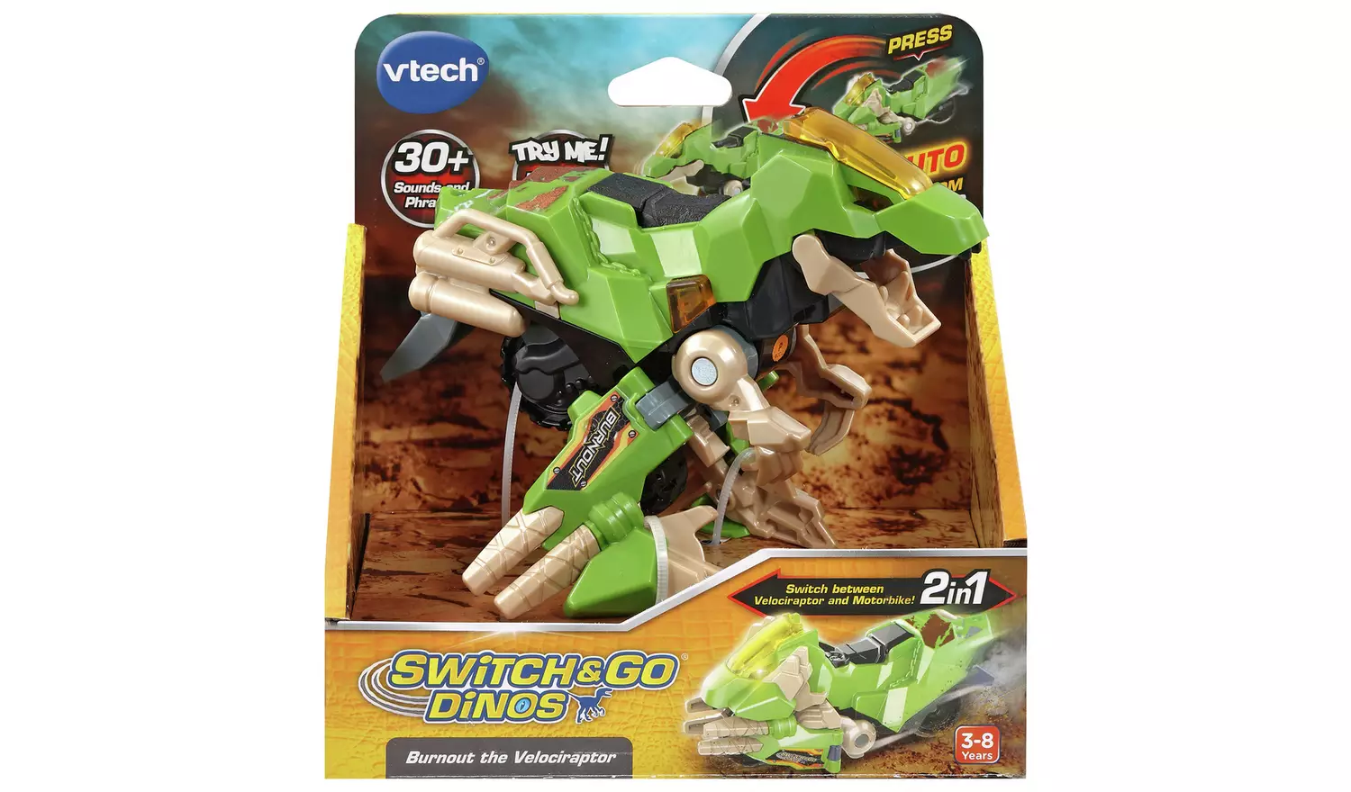 VTech Switch & Go Dinos Burnout green velociraptor dinosaur toy with motorbike conversion
