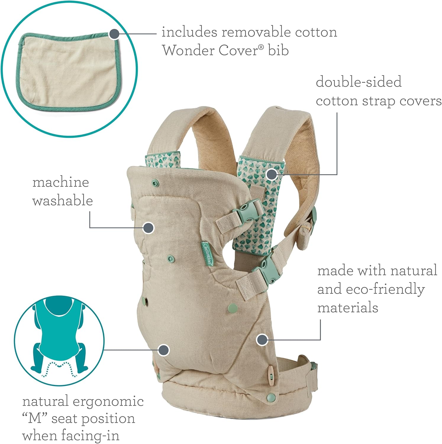 Infantino Flip 4-in-1 convertible baby carrier, cream with teal accents, includes removable bib
