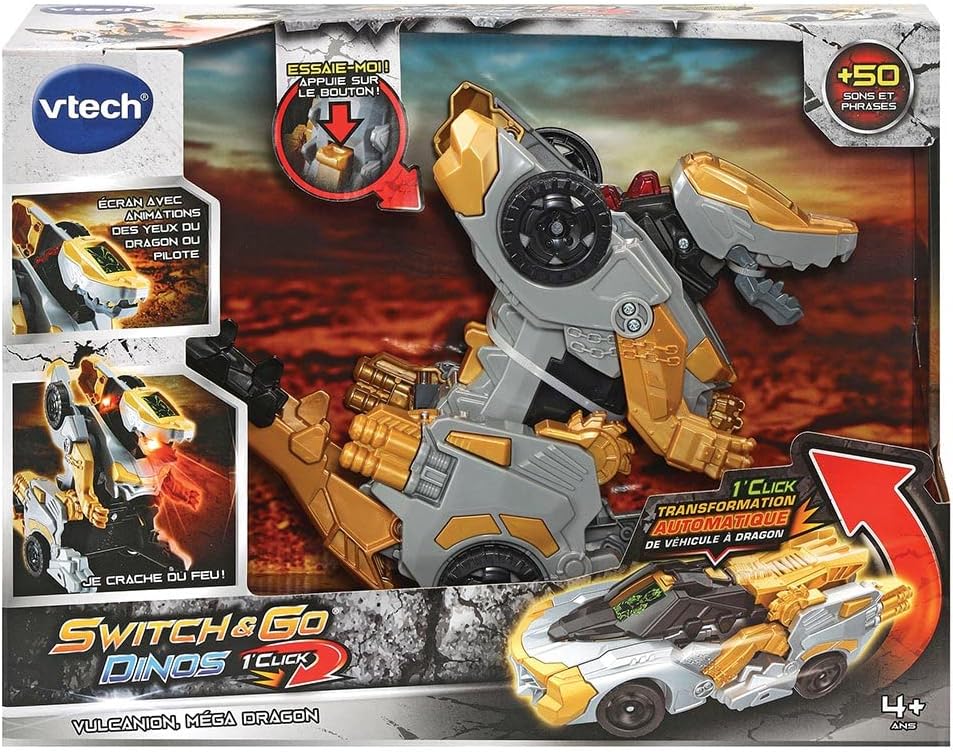 VTech Switch & Go Dinos Vulcanion Mega Dragon transforming toy vehicle set gold white black