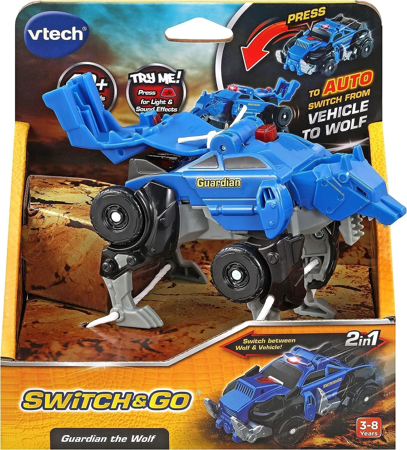 Vtech Switch and Go Guardian blue transforming vehicle and wolf toy with light effects