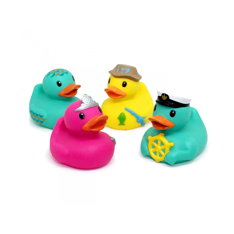 Infantino Fun Time Ducks assorted bath toy set, four coloured rubber ducks with costumes
