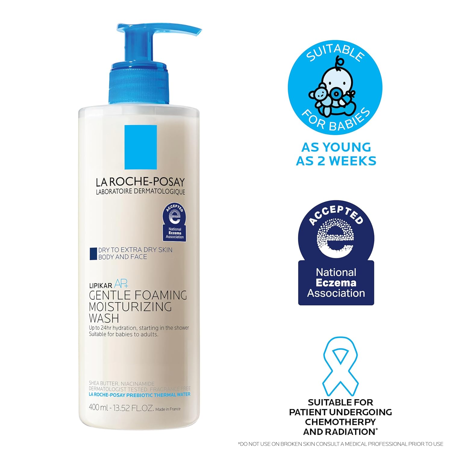 La Roche-Posay Lipikar Wash AP+ gentle foaming moisturising body and face wash, 400ml pump bottle