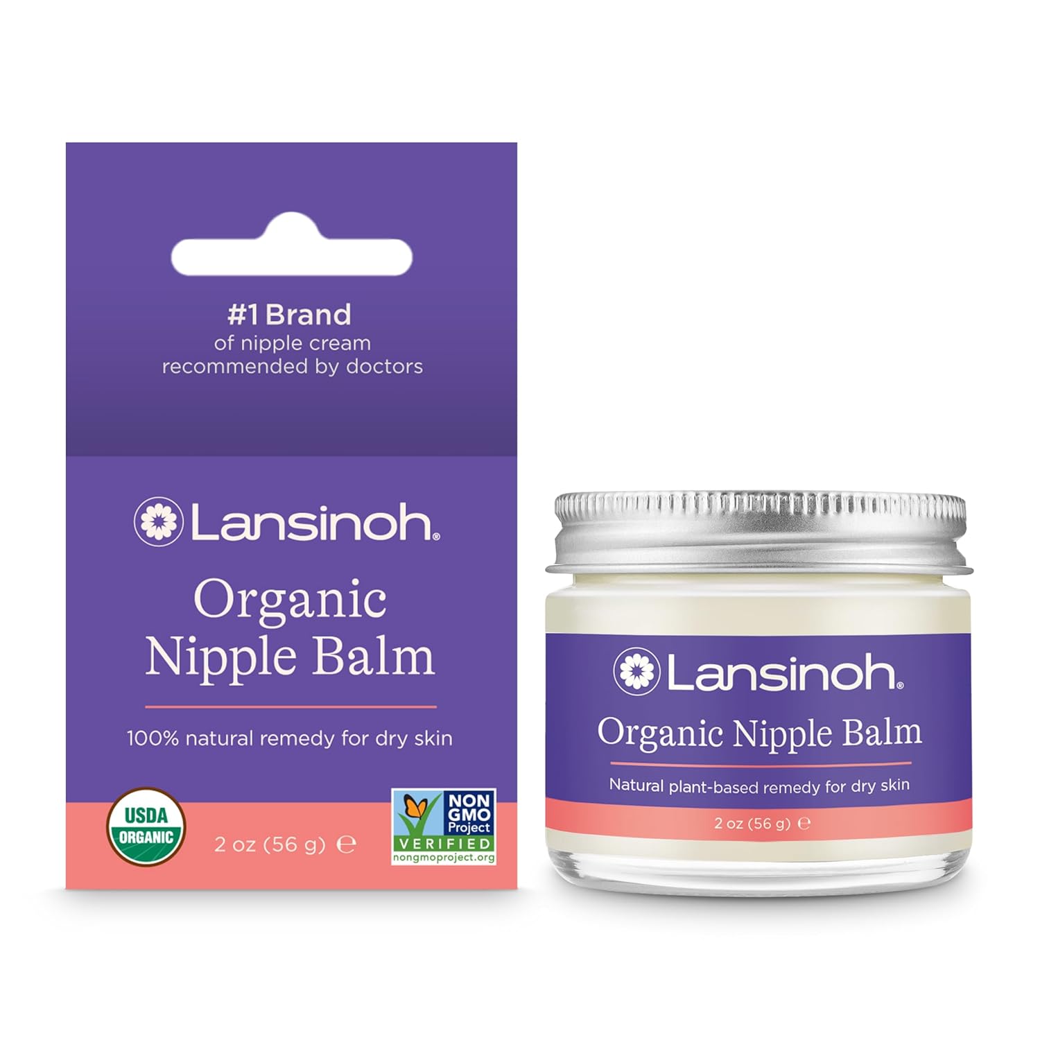 Lansinoh Organic Nipple Balm 60ml jar with purple packaging and silver lid