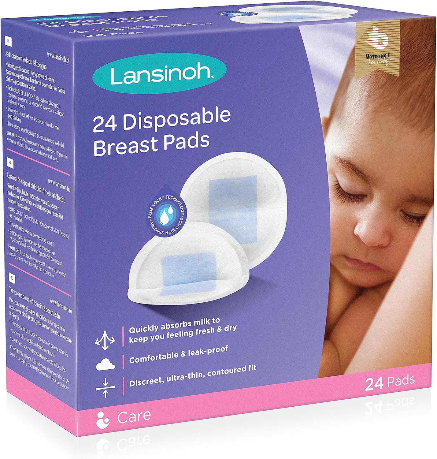 Lansinoh 24 disposable breast pads in white packaging with blue absorbent centres