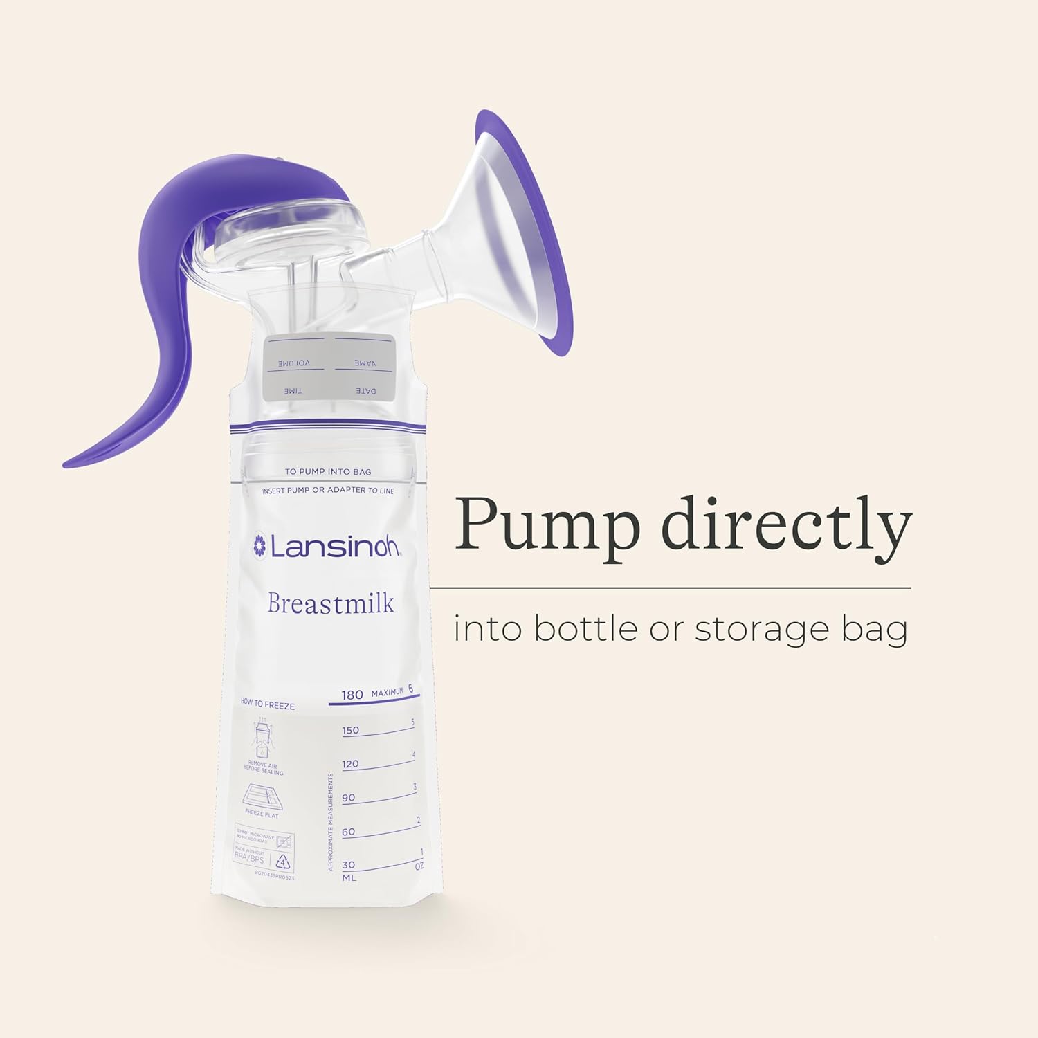 Lansinoh manual breast pump with purple handle and storage bottle