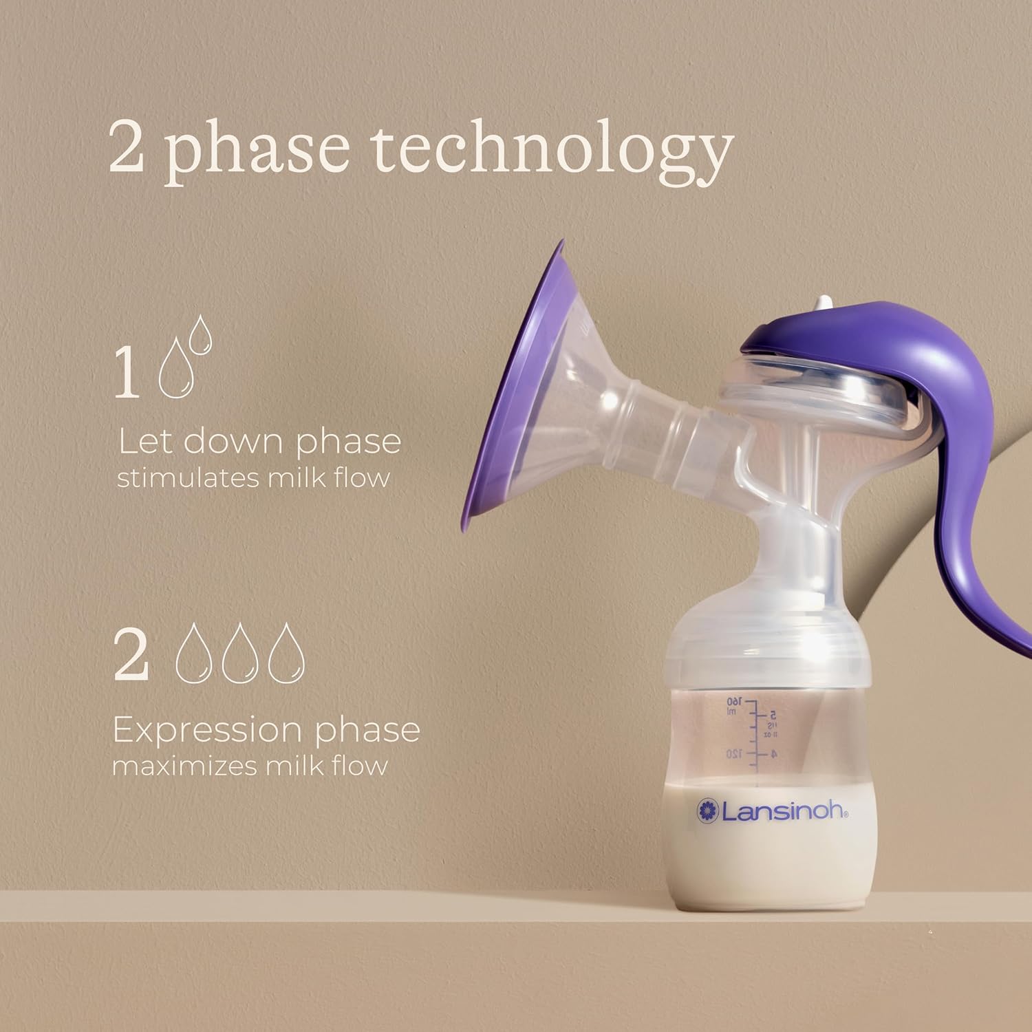 Lansinoh manual breast pump with purple handle and collection bottle