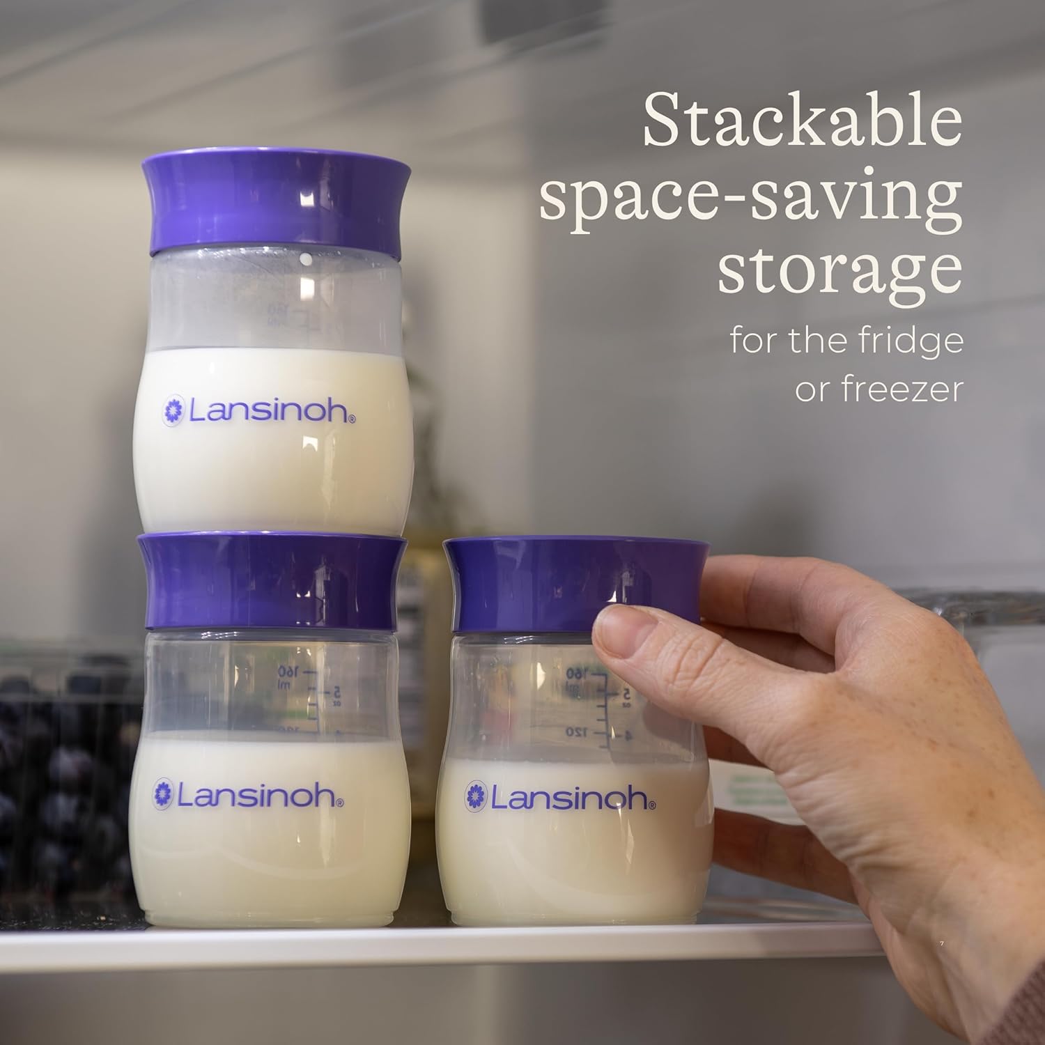 Lansinoh breastmilk storage bottles 160 ml with purple lids, pack of four