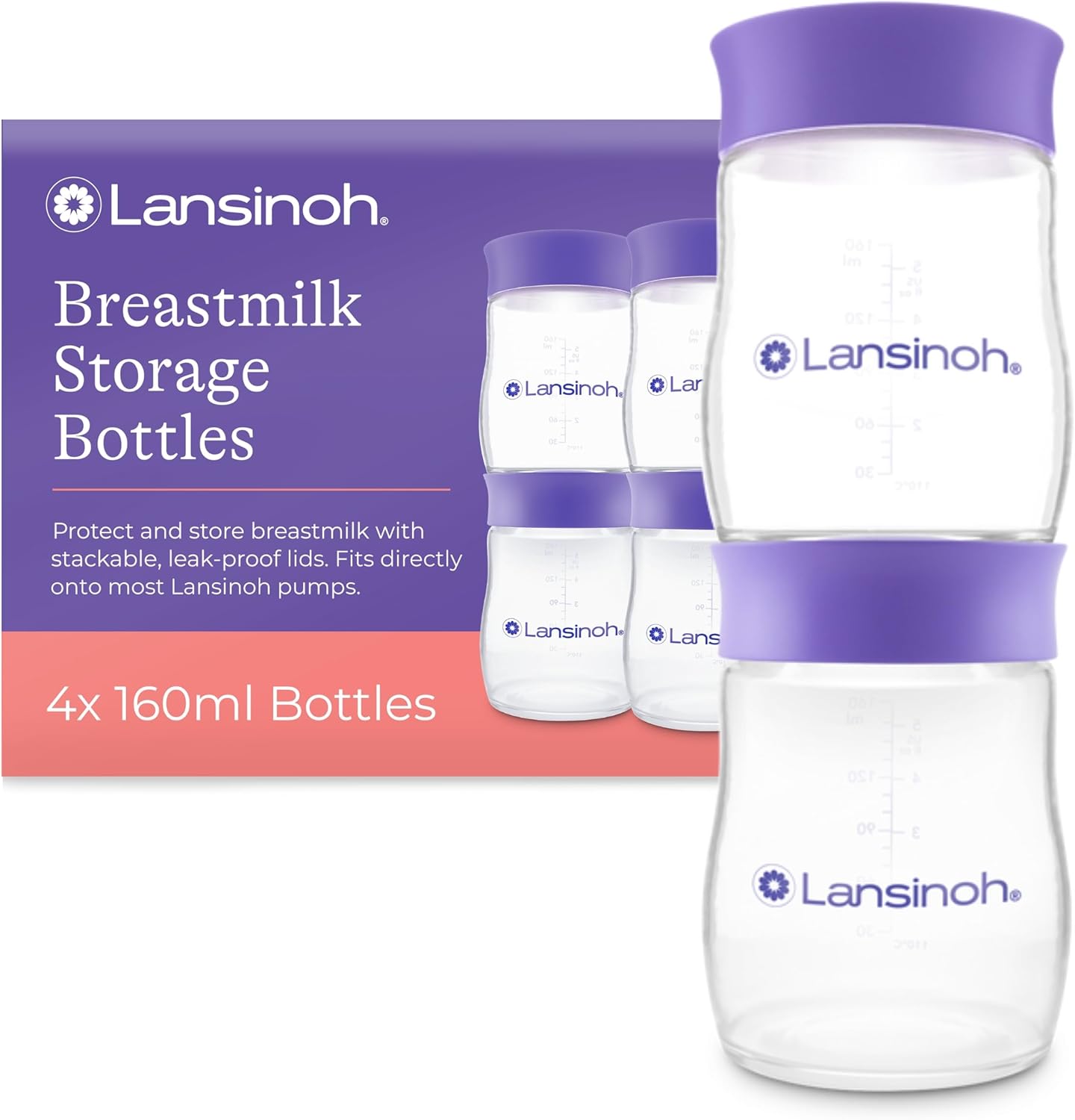 Lansinoh Breastmilk Storage Bottles, 4 x 160 ml with purple lids