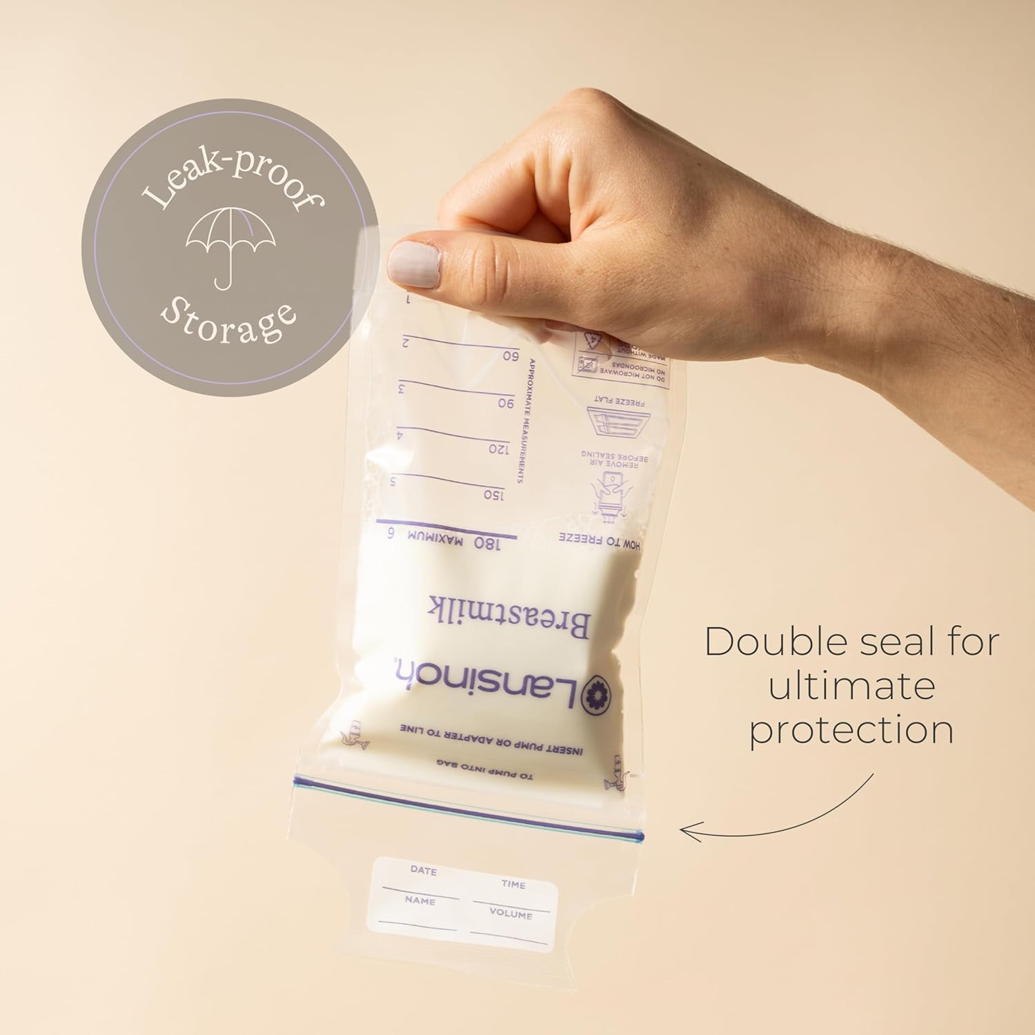 Lansinoh breast milk storage bag with measurement markings and double seal closure