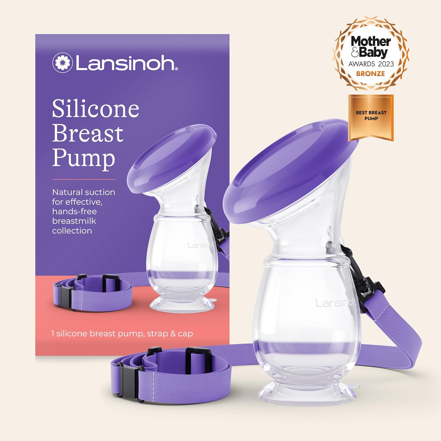 Lansinoh purple silicone breast pump with strap and cap included