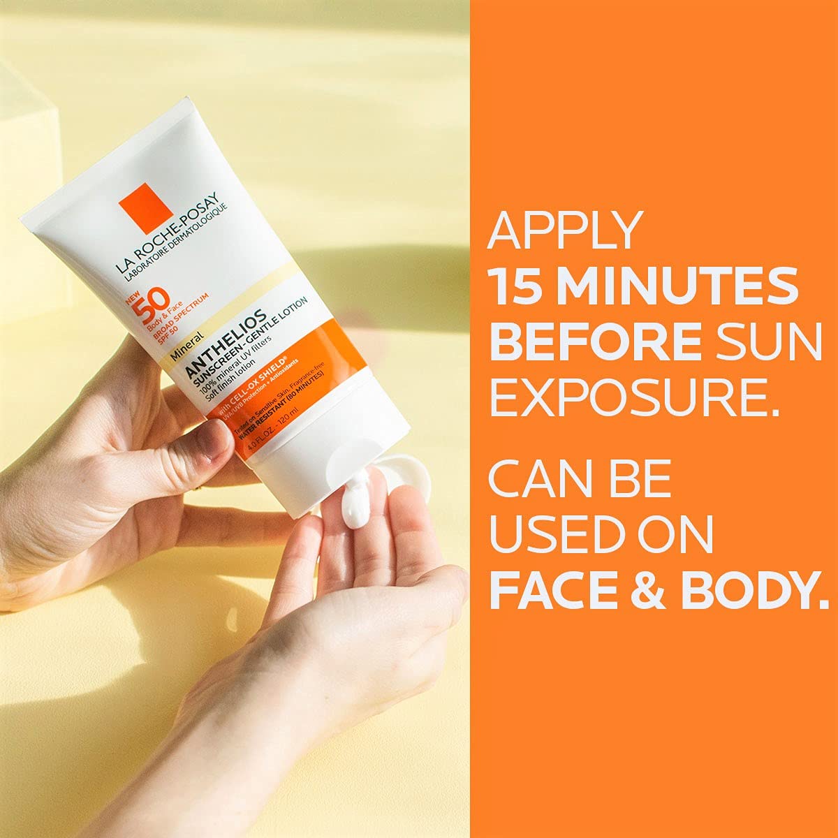 La Roche Posay Anthelios SPF 50 mineral sunscreen lotion, white tube with orange band