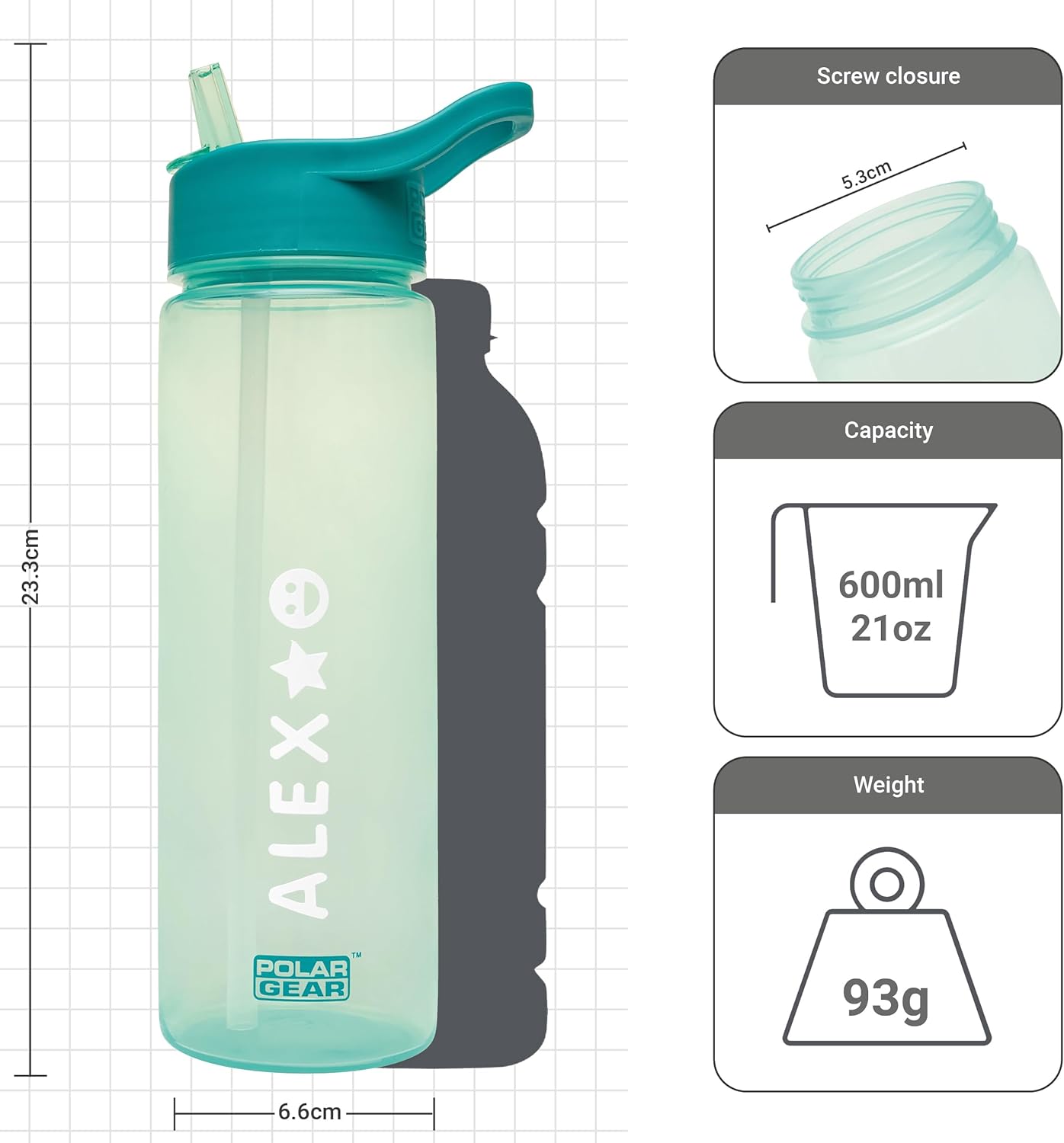 Polar Gear A-Z Stickers 600ml water bottle teal with screw closure
