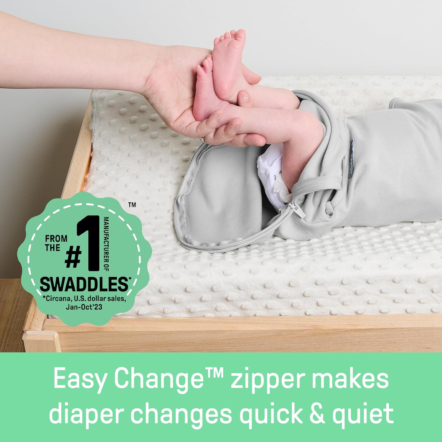 SwaddleMe Luxe Easy Change Swaddle grey with zipper opening