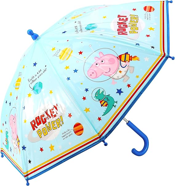 George Pig dinosaur child's stick umbrella with rocket design, light blue canopy