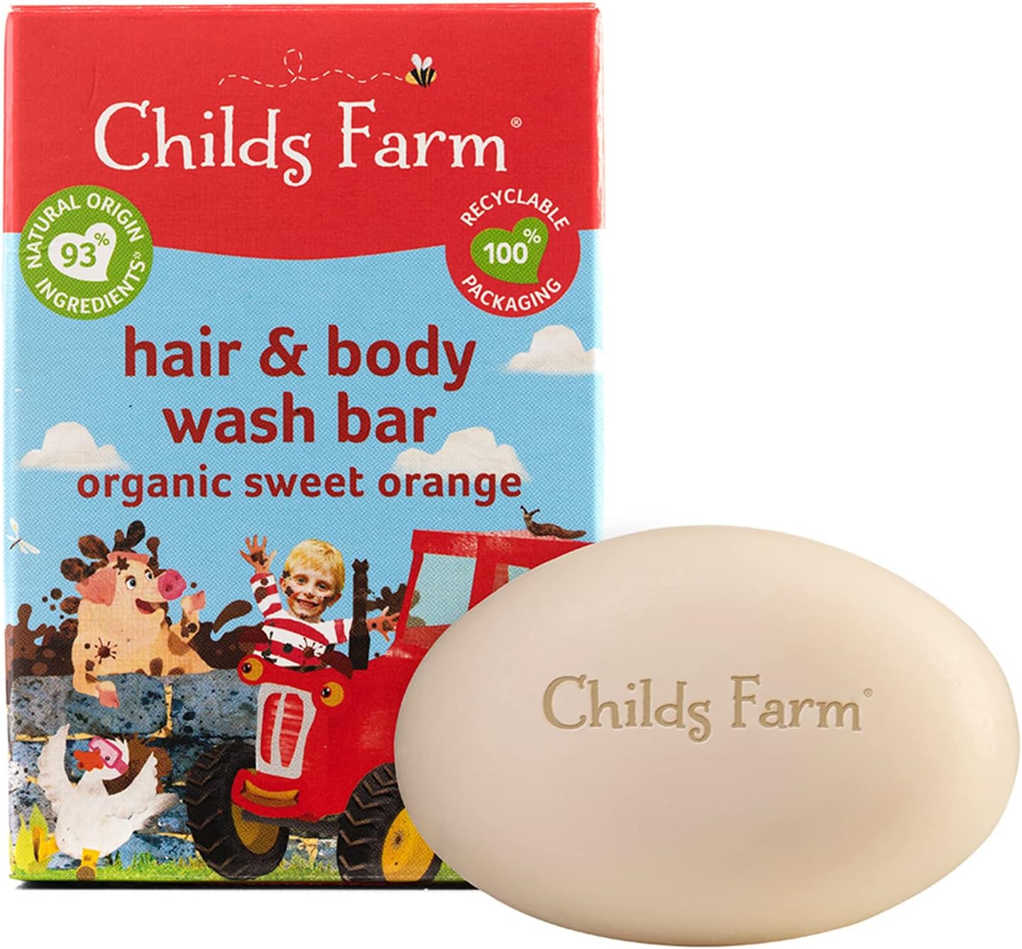 Childs Farm organic sweet orange hair and body wash bar with packaging box