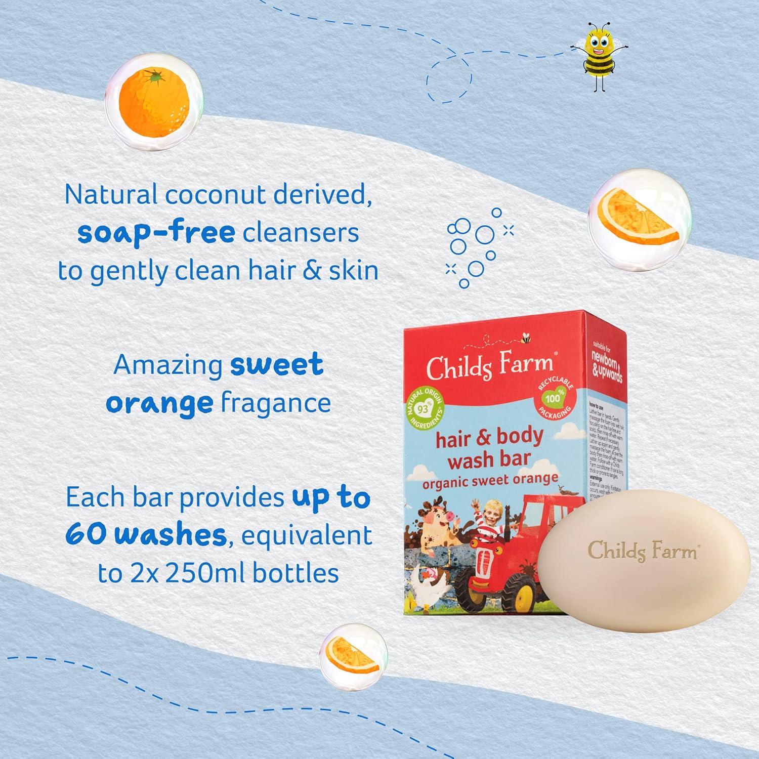 Childs Farm Hair And Body Wash Bar Organic Sweet Orange soap bar and packaging