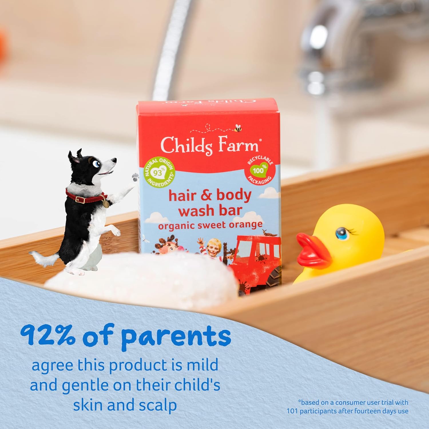 Childs Farm organic sweet orange hair and body wash bar with recyclable packaging