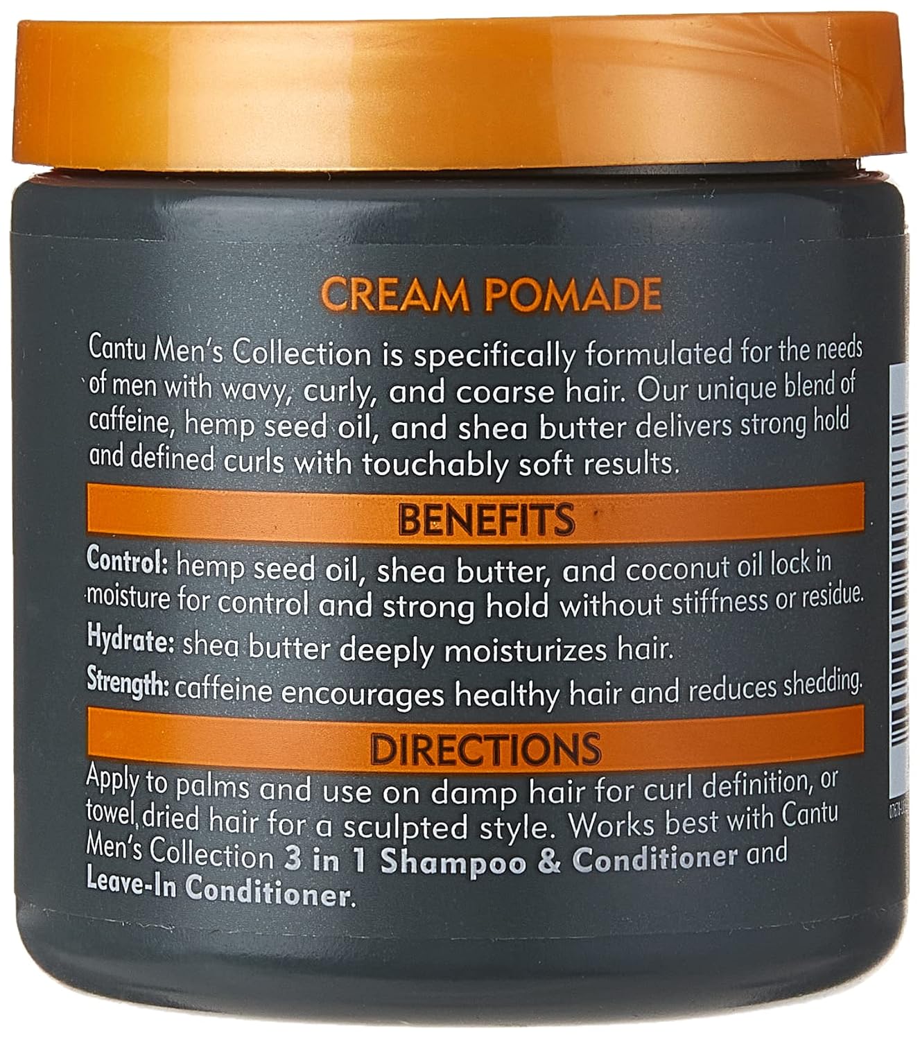 Cantu Shea Butter Men's Collection Cream Pomade in dark jar with gold lid