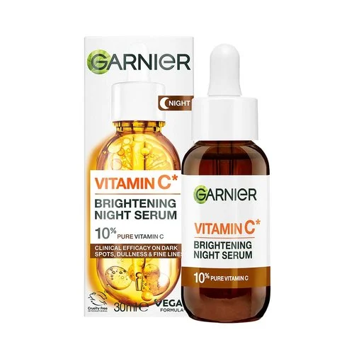 Garnier SkinActive Vitamin C Brightening Night Serum 30ml with dropper bottle and packaging