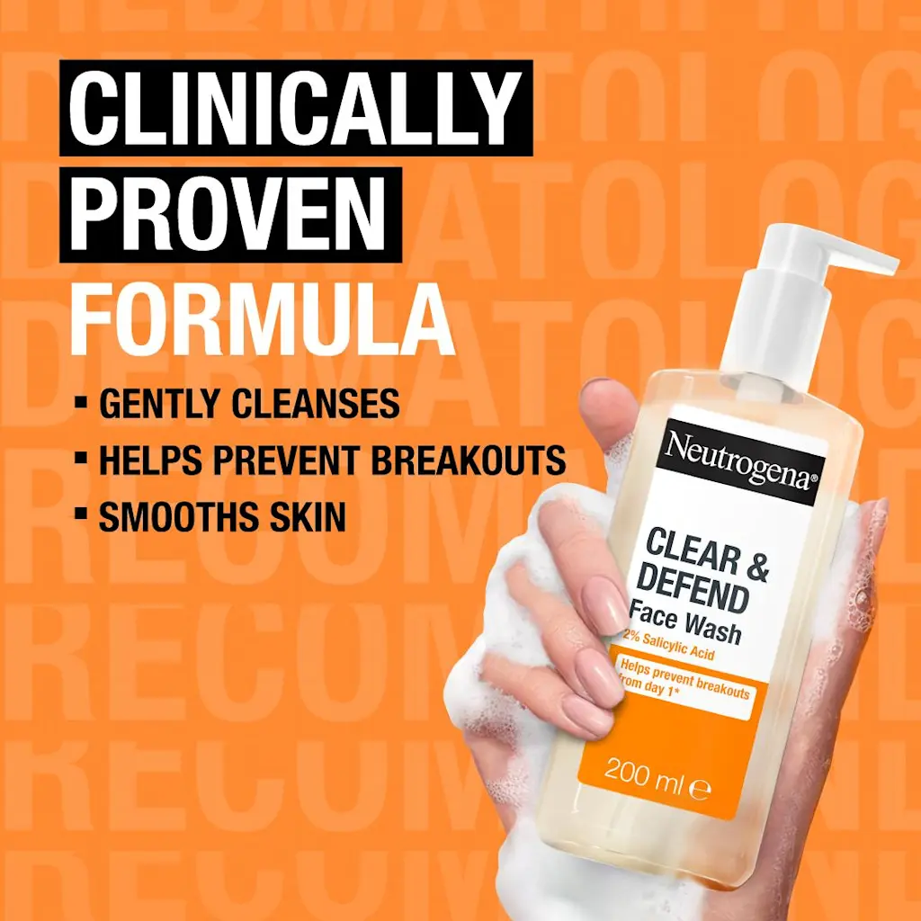 Neutrogena Clear & Defend 2% Salicylic Acid Face Wash 200ml bottle with pump dispenser