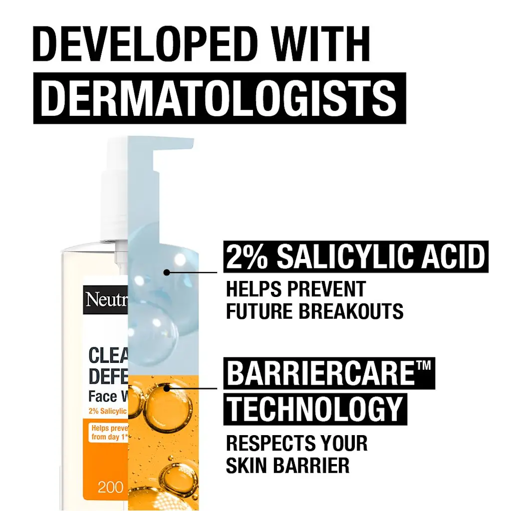 Neutrogena Clear & Defend 2% Salicylic Acid Face Wash 200ml bottle
