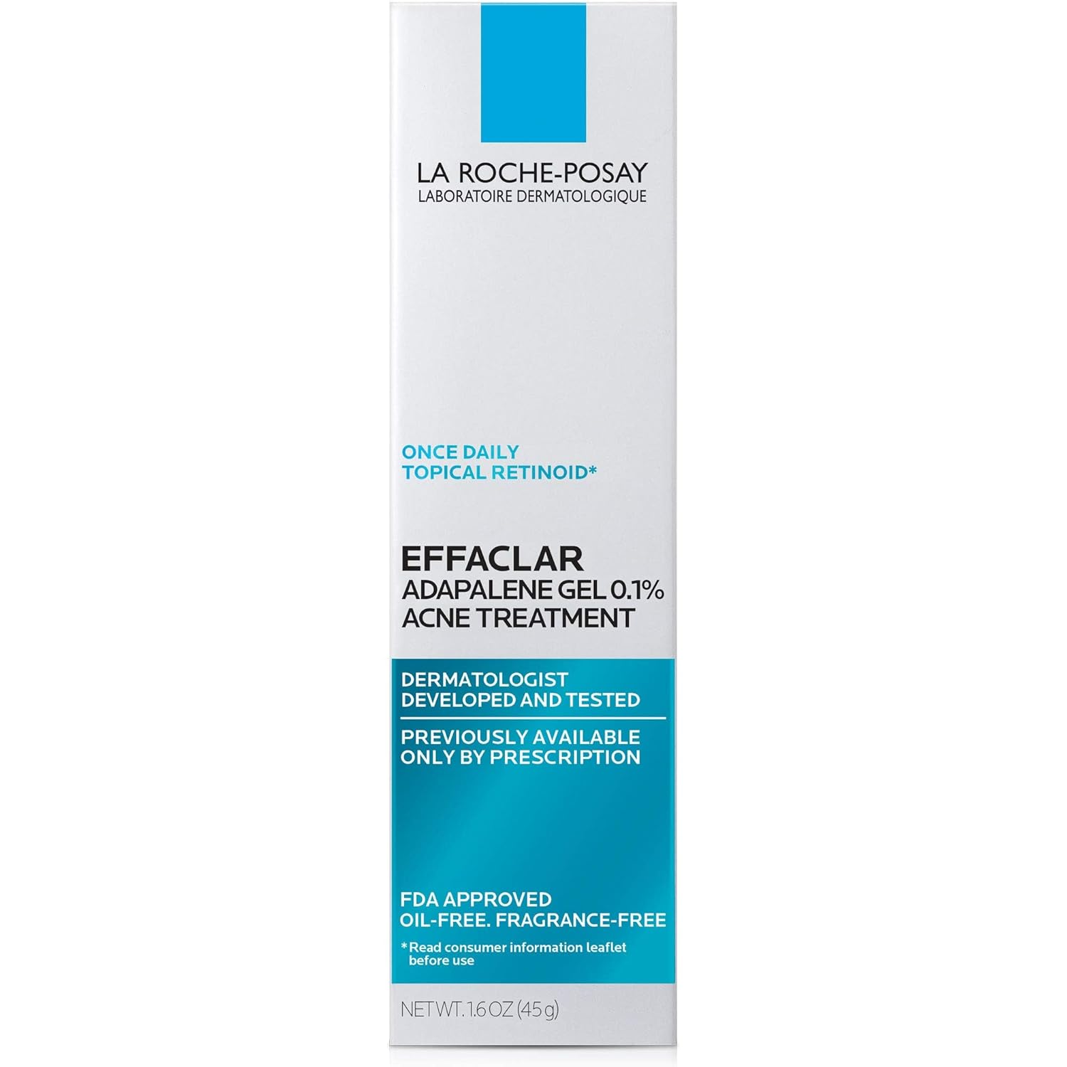 La Roche-Posay Effaclar Adapalene Gel 0.1% acne treatment, 45g tube box