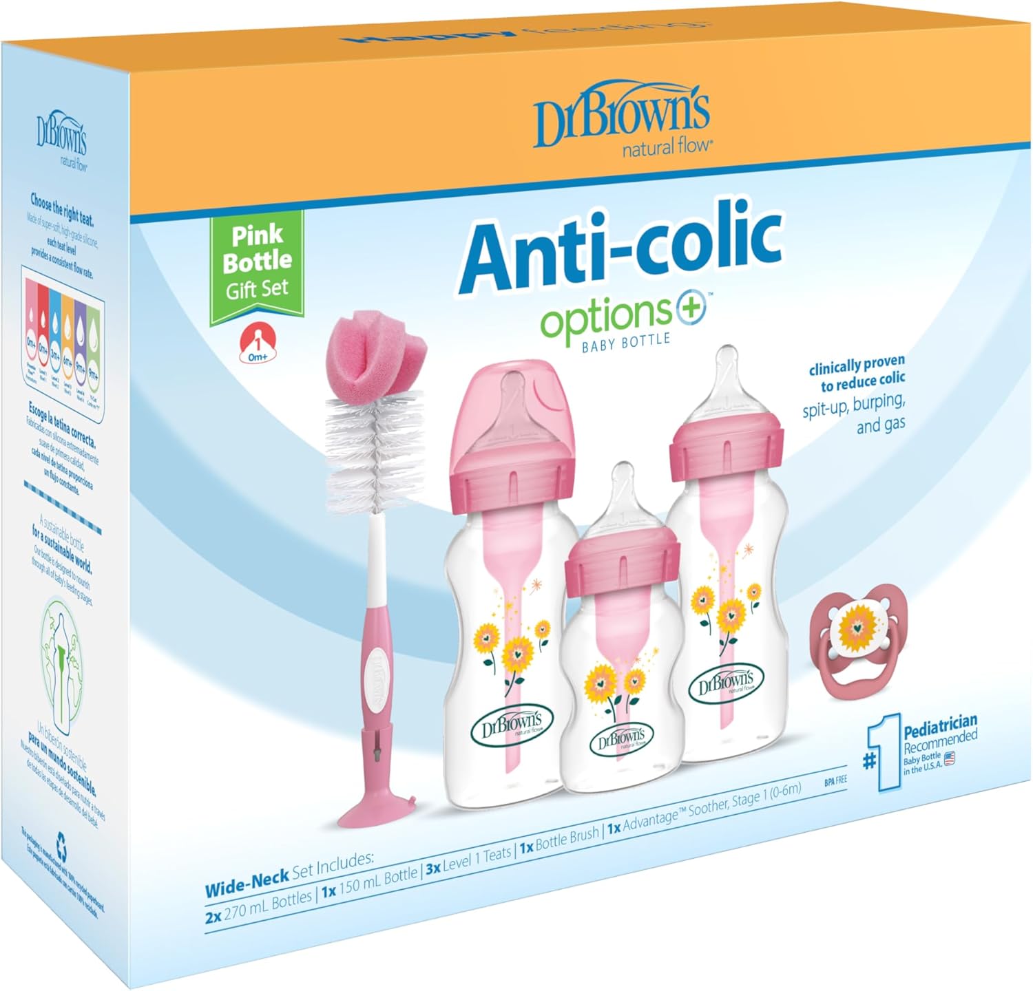 Dr Brown's Options+ Anti-colic Pink Bottle Gift Set with accessories