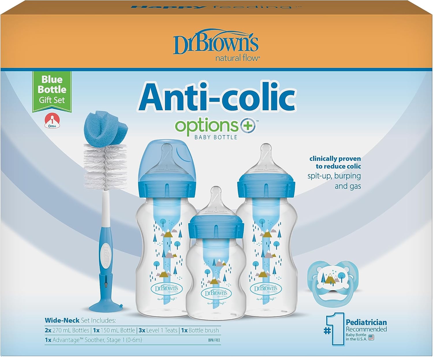 Dr Brown's Options+ anti-colic blue bottle gift set with brush and soother