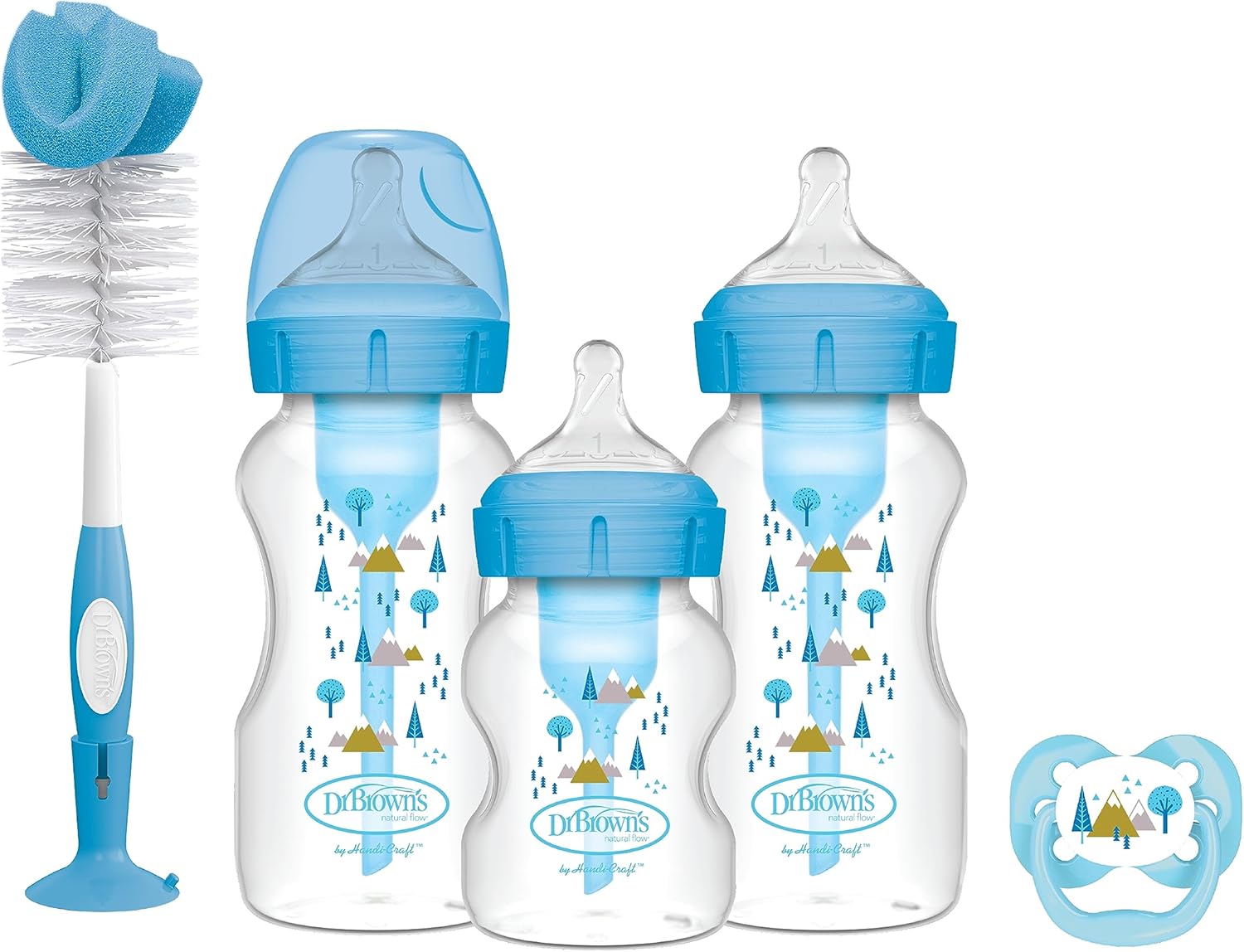 Dr Brown's Options+ blue gift set with three bottles, brush and dummy