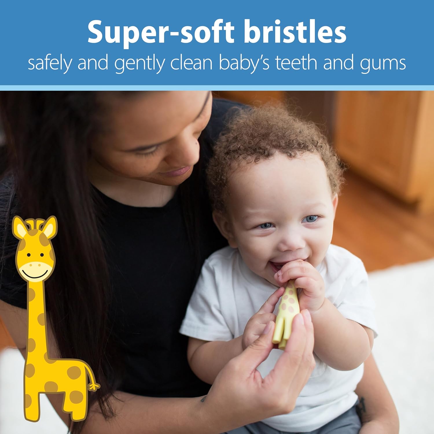 Dr. Brown's yellow giraffe shaped infant toothbrush with soft bristles