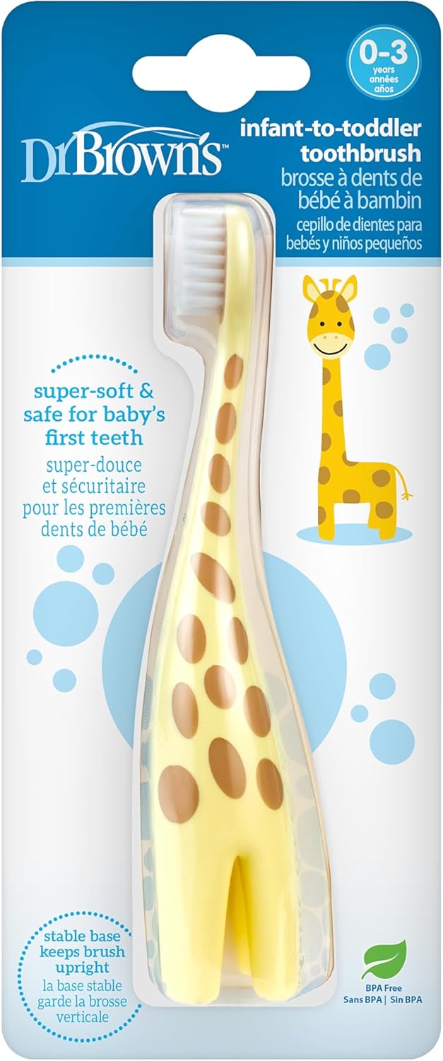 Dr. Brown's giraffe-shaped infant-to-toddler toothbrush, yellow with brown spots