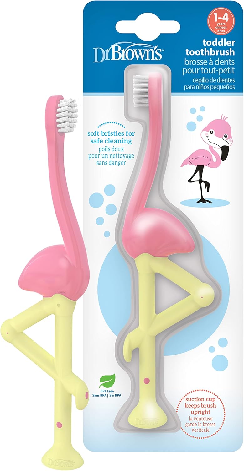 Dr Brown's Toddler Toothbrush Flamingo pink and yellow for ages 1-4 years