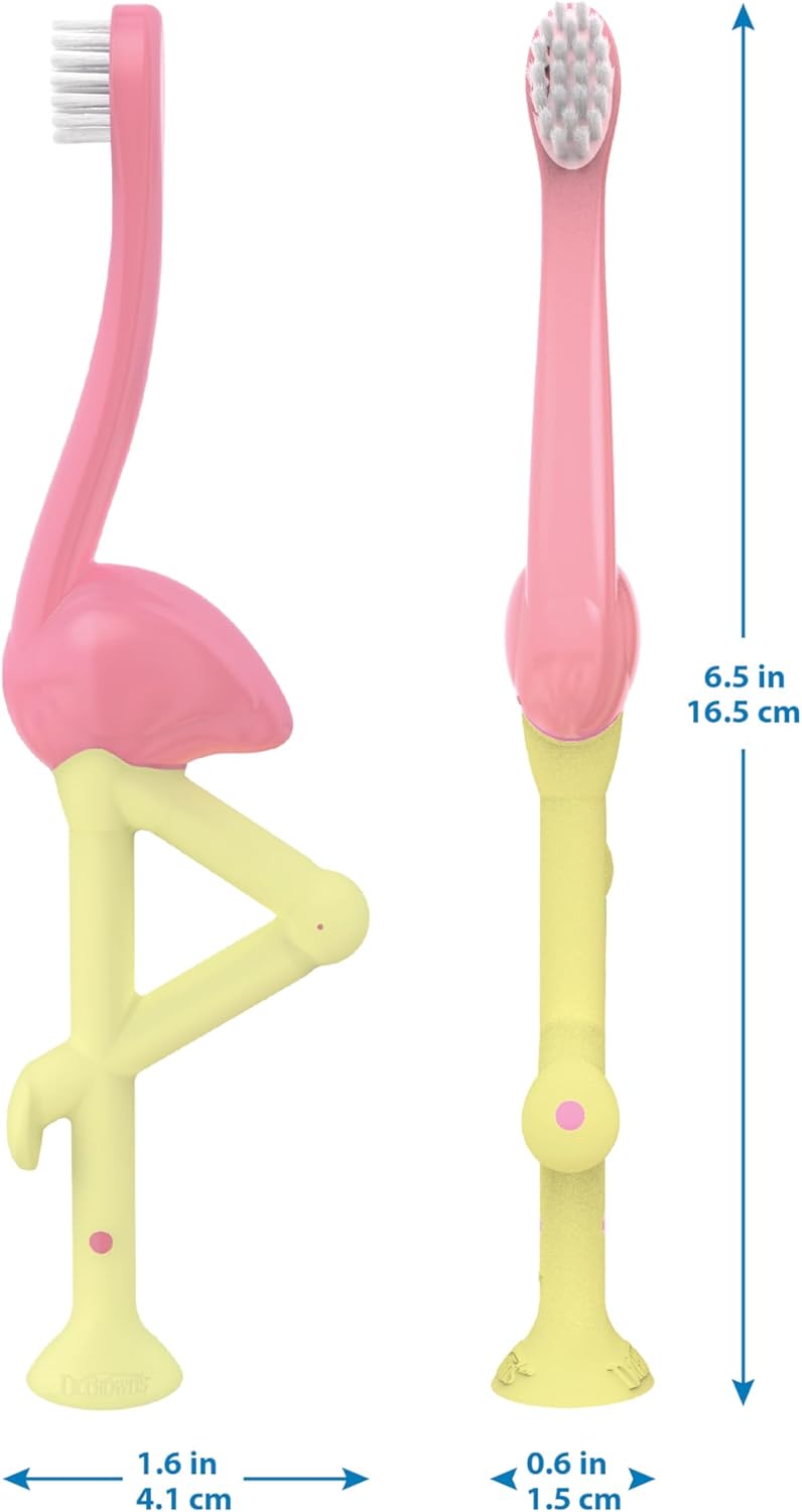 Dr Brown's pink and yellow flamingo toddler toothbrush with soft bristles