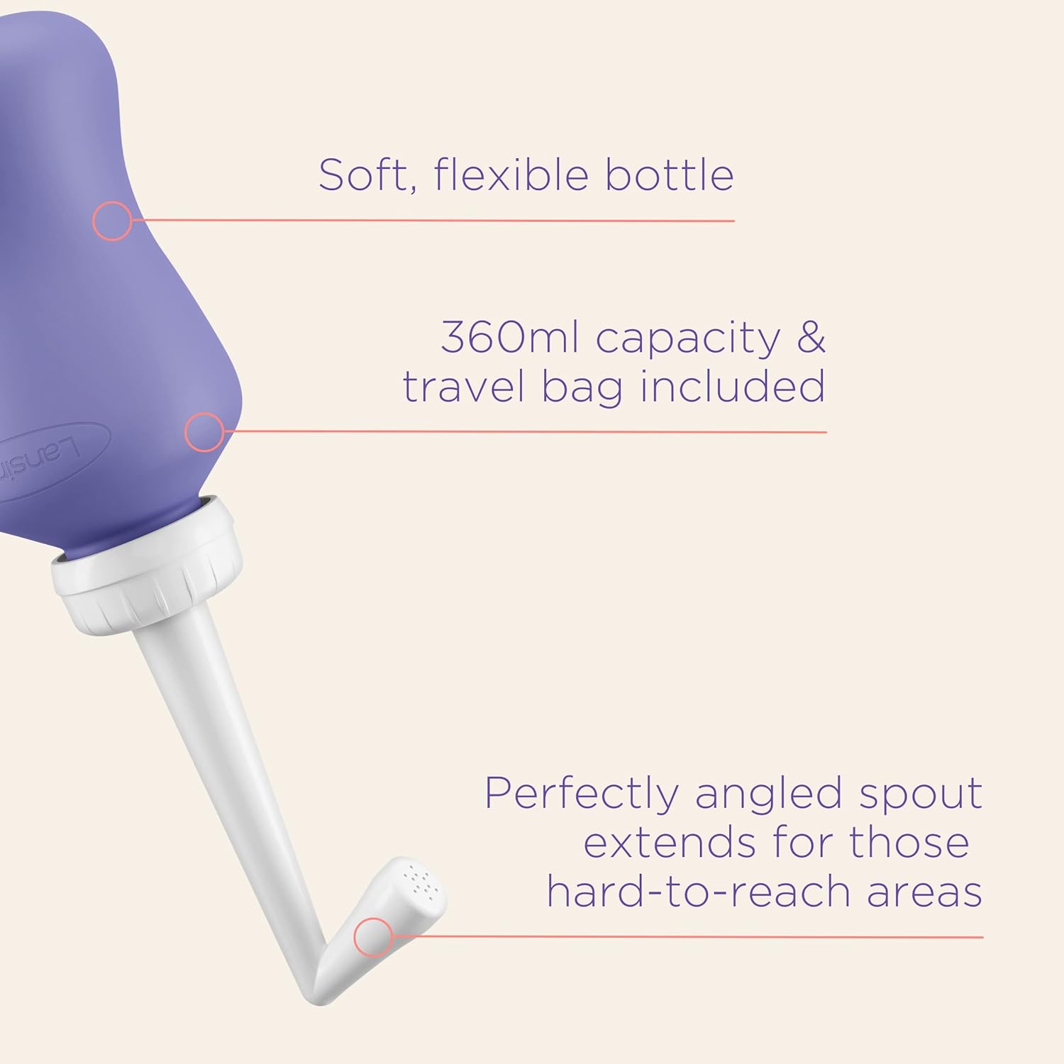 Lansinoh purple flexible wash bottle 360ml with angled spout and travel bag