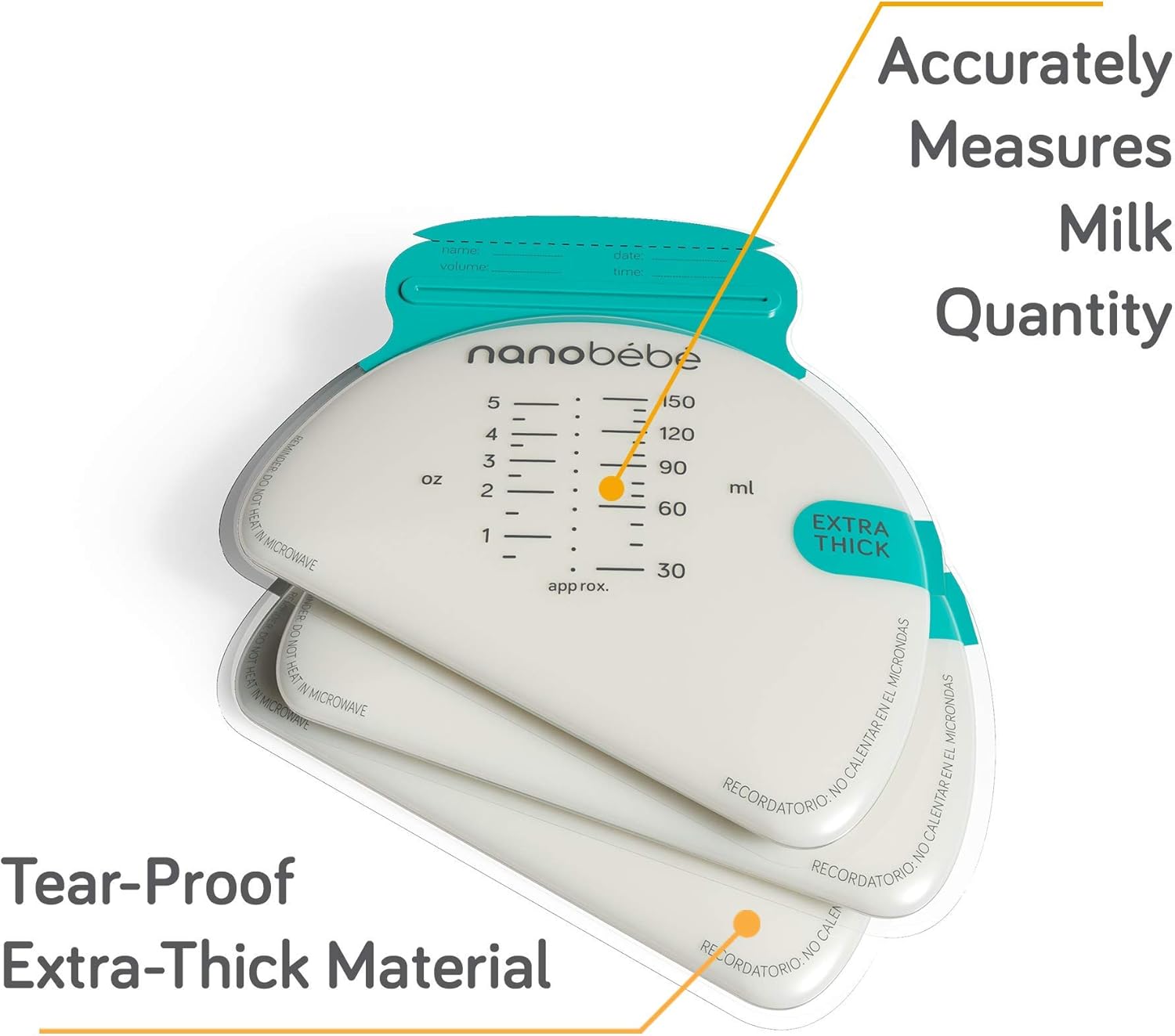 NanoBebe 50 breastmilk storage bags with measurement markings, turquoise seal