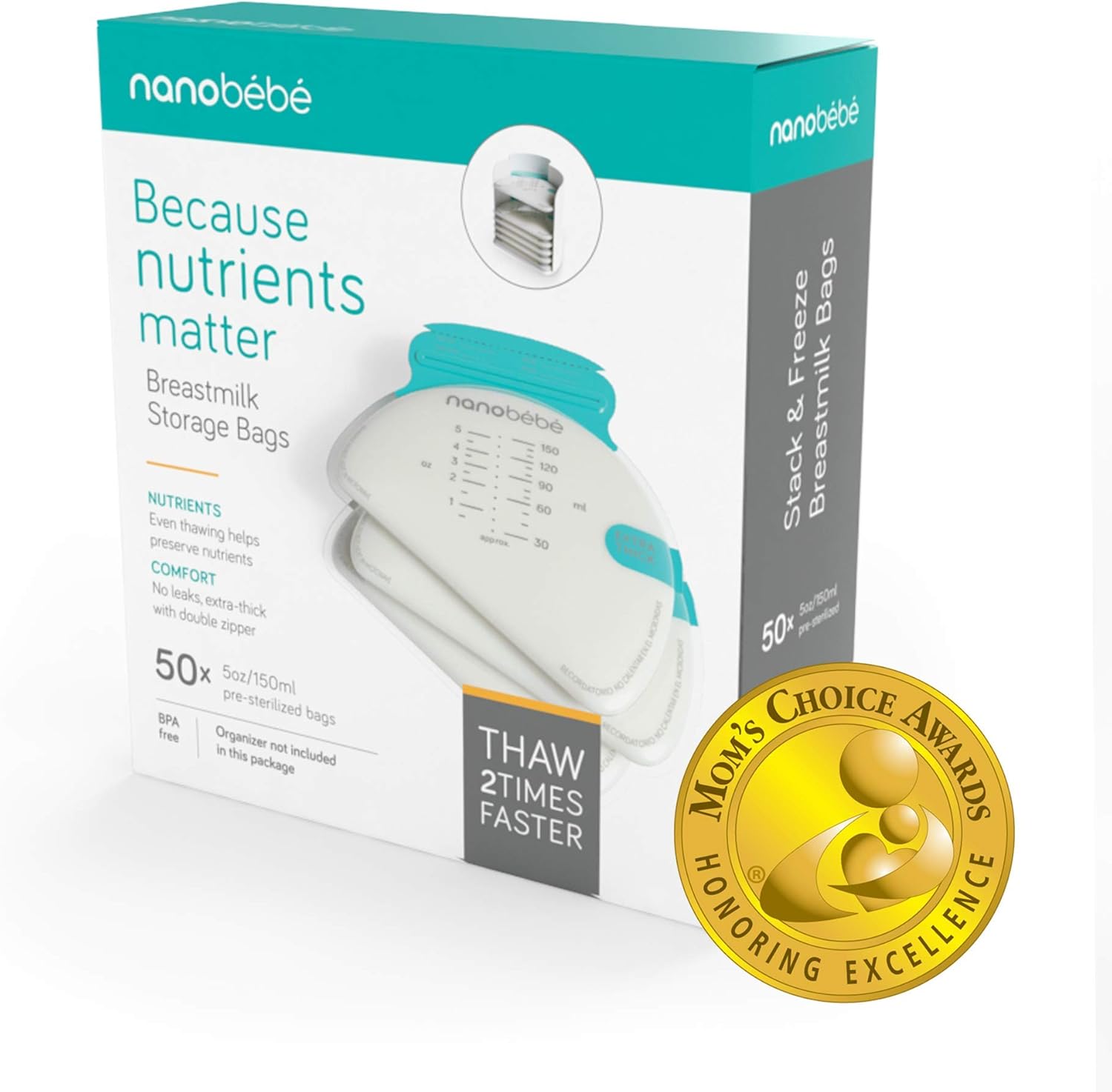 NanoBébé 50 breastmilk storage bags, 5oz capacity, pre-sterilised