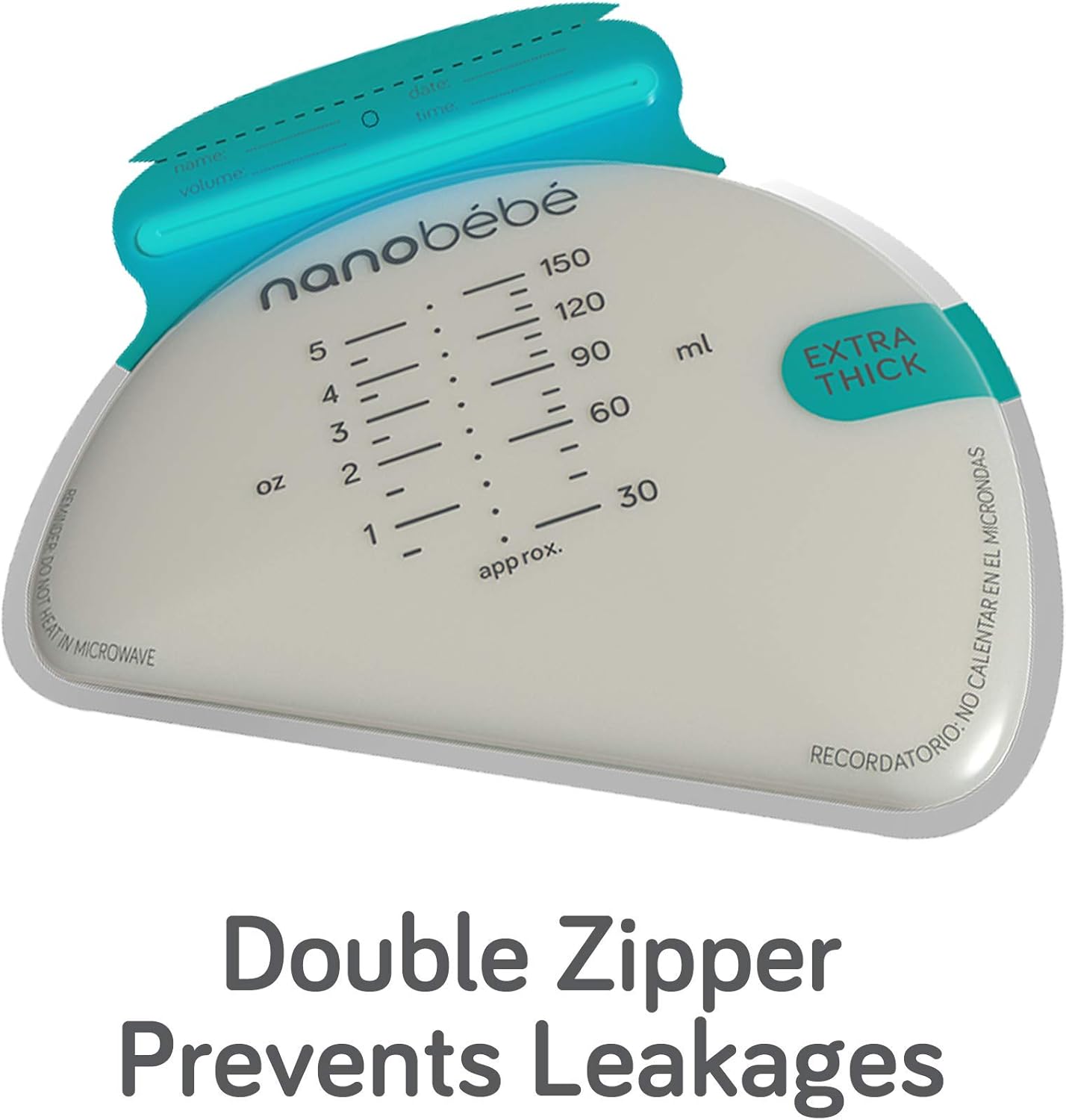 NanoBebe turquoise breastmilk storage bag with measurement markings and double zipper