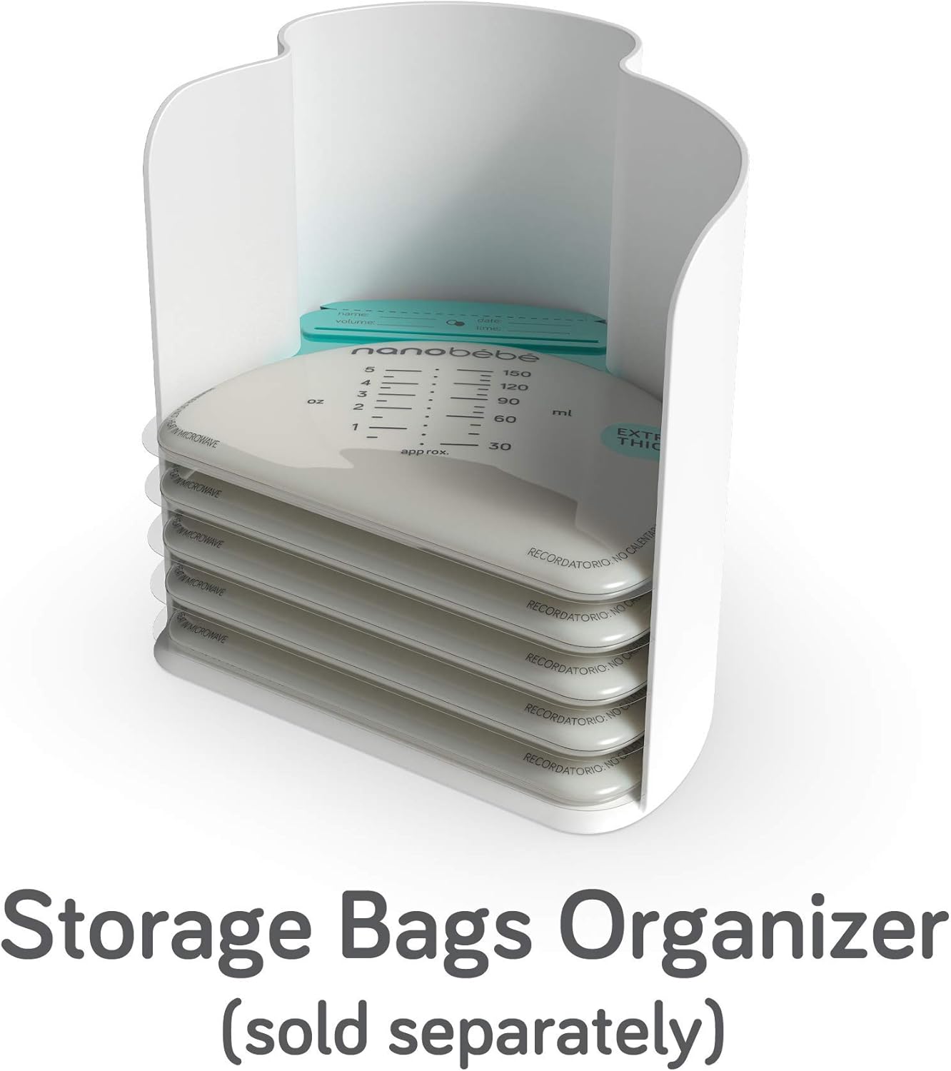 NanoBebe 50 breastmilk storage bags with measurement markings and turquoise labels