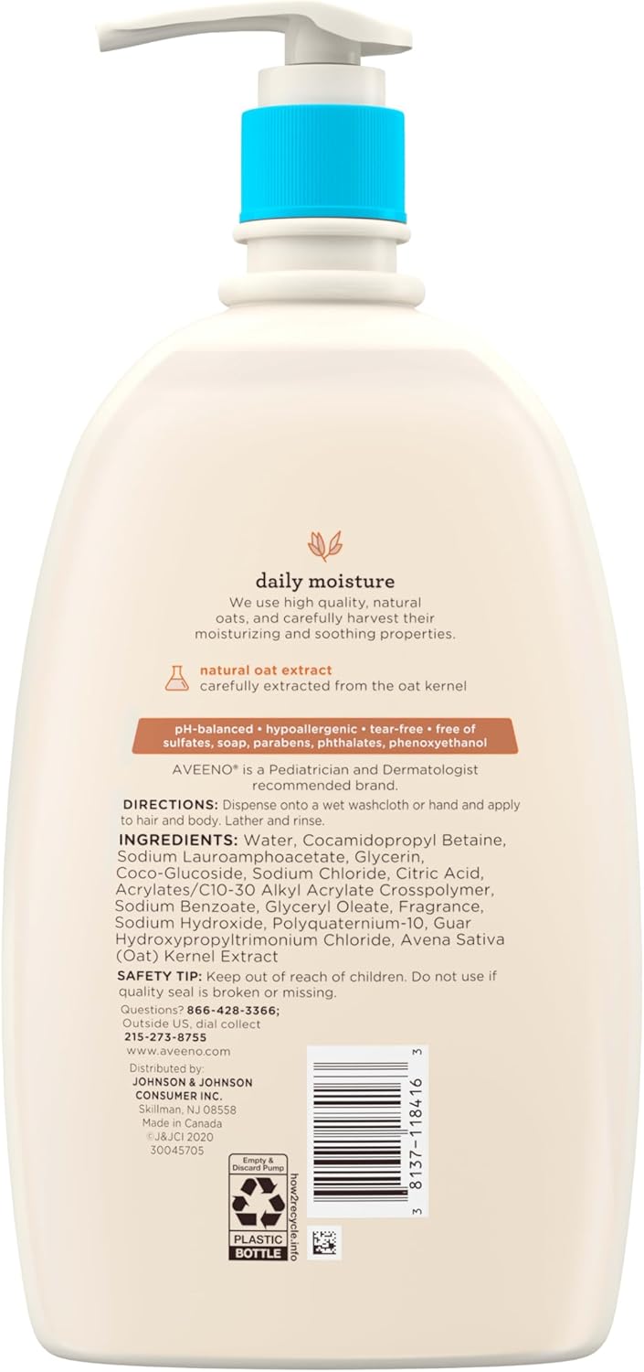 Aveeno Baby Daily Moisture Wash & Shampoo 976ml pump bottle with blue band