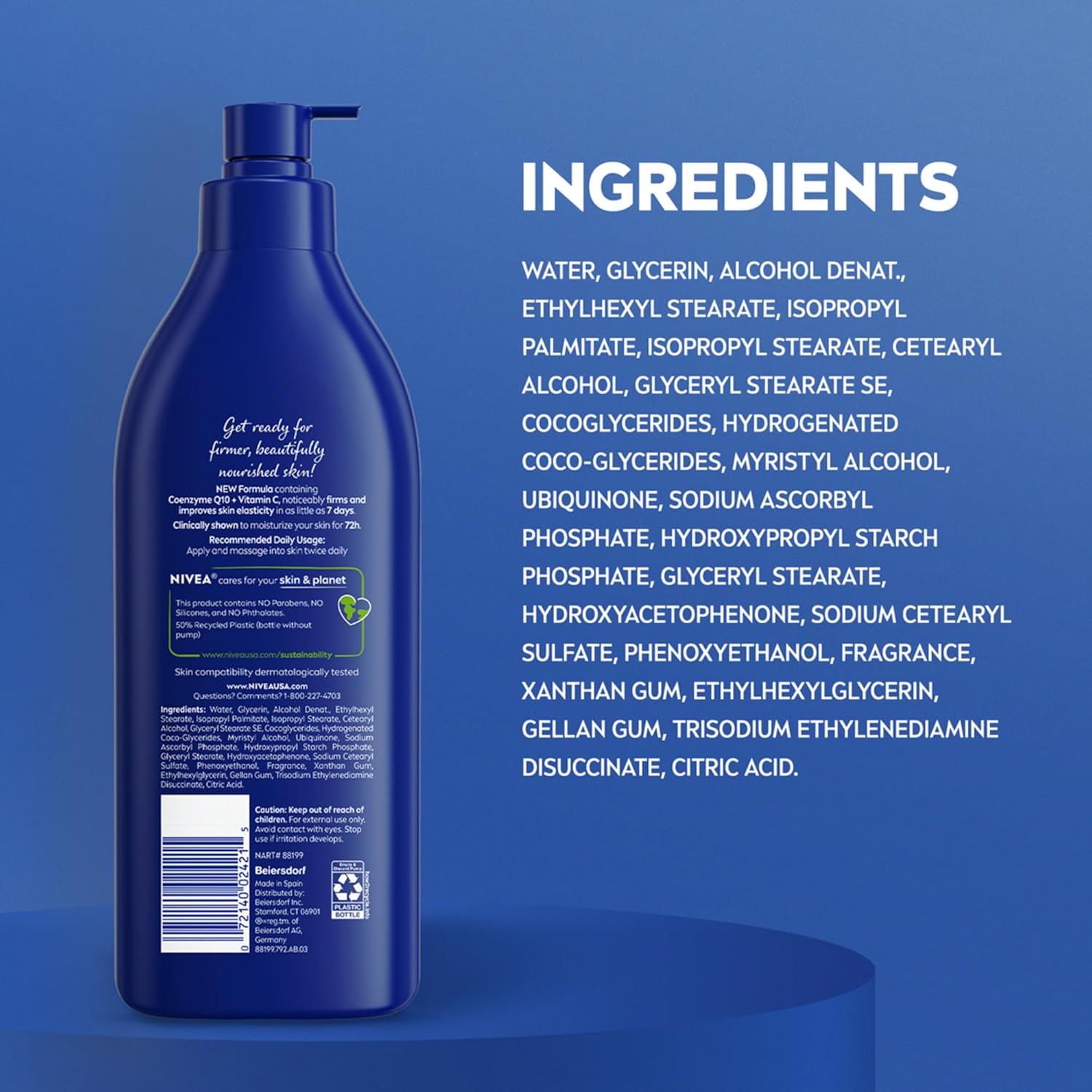 Nivea Skin Firming Hydration Q10 body lotion pump bottle 16.9oz blue