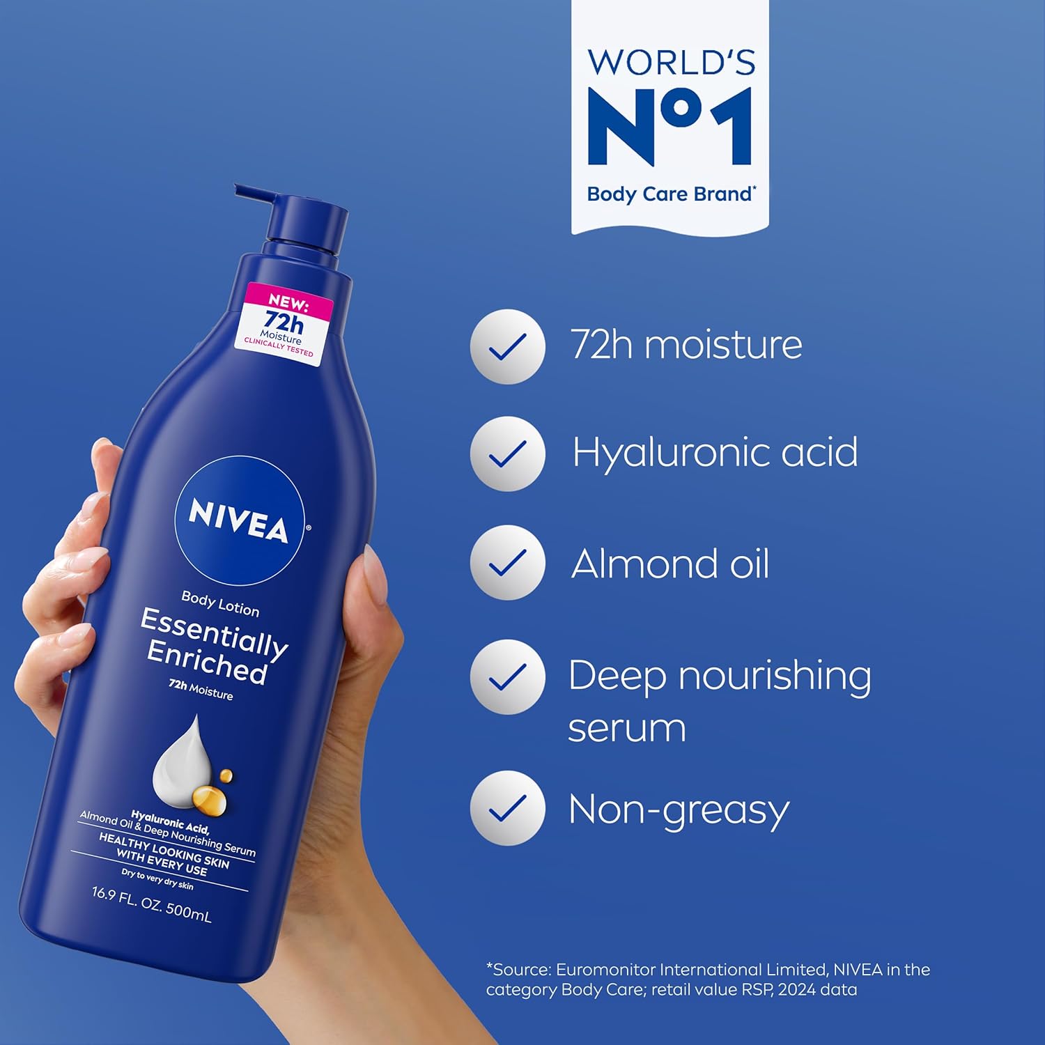 Nivea Essentially Enriched Body Lotion 16.9oz blue pump bottle for very dry skin